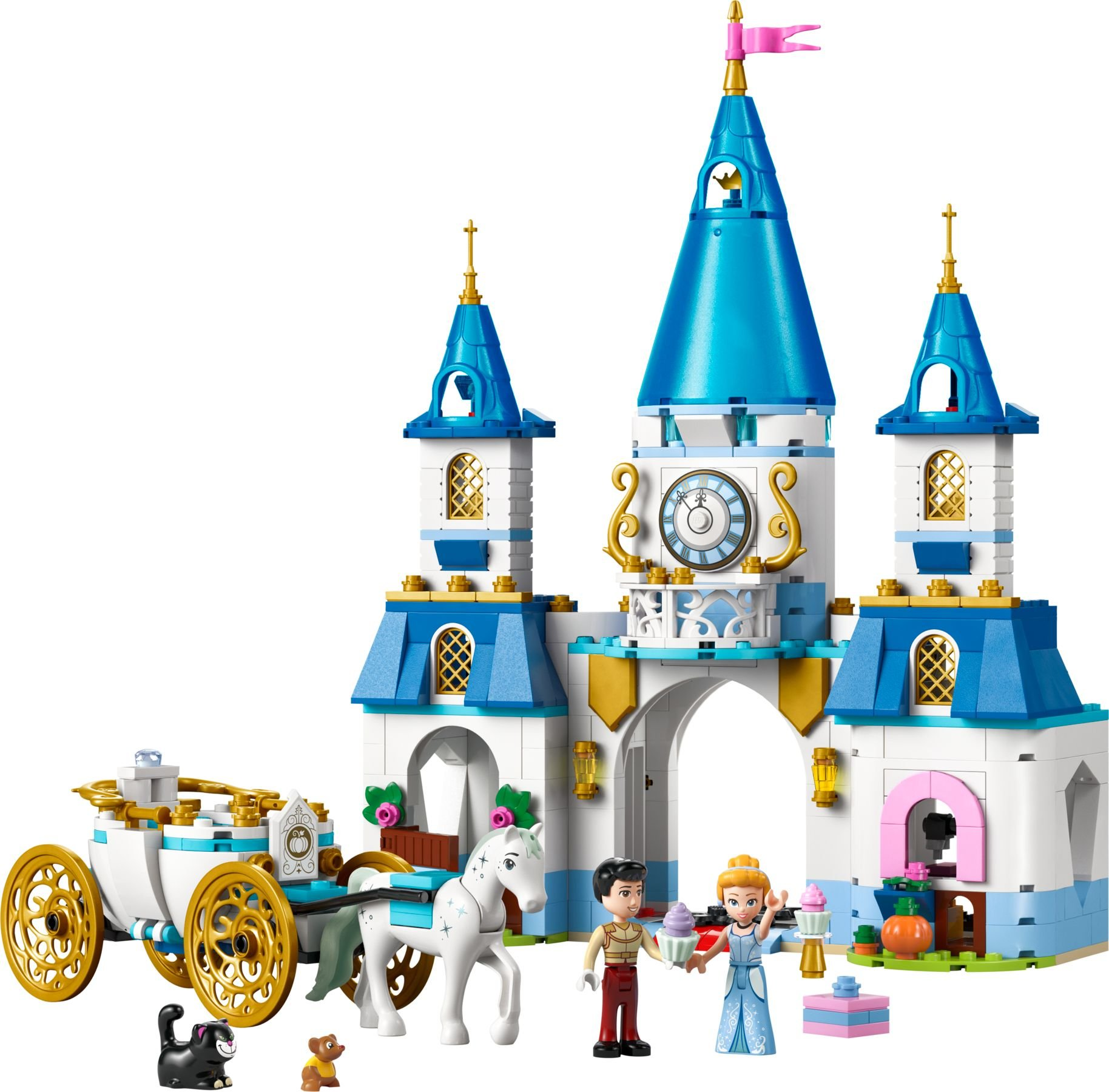 Ein Märchenschloss mit Kutsche, Pferd, Prinzessin, Prinz, Katze und Bär.