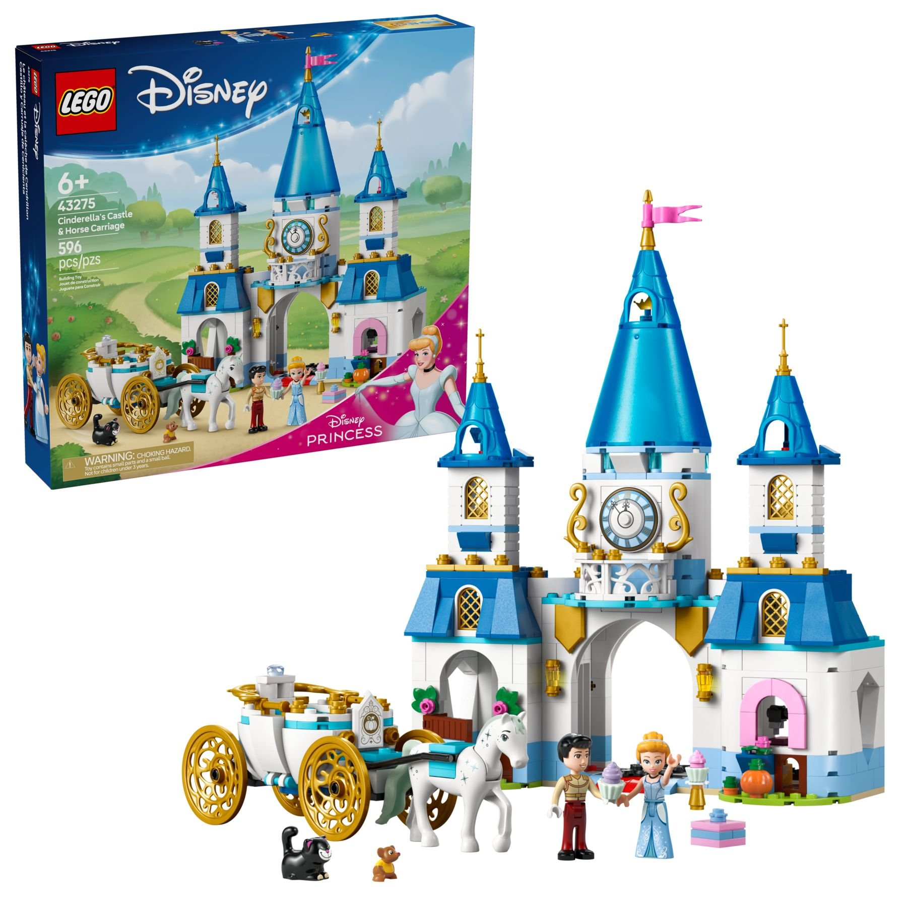 Ein Lego-Set mit Cinderellas Schloss und Kutsche, Figuren und Tieren.
