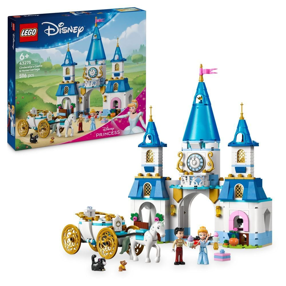LEGO Aschenputtel Schloss und Kutschen Set mit Figuren, weißem Pferd, schwarzer Katze und Teddy.
