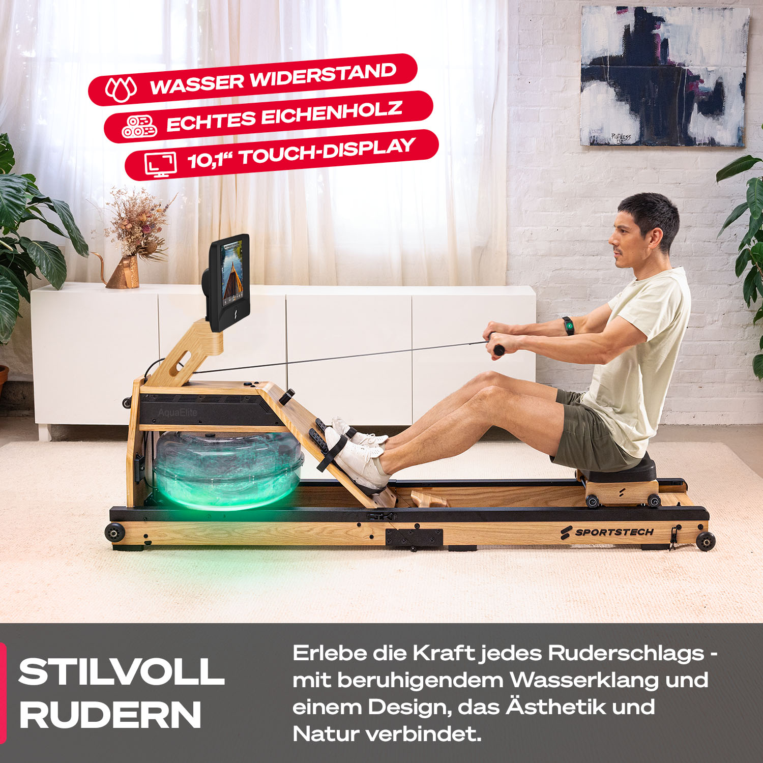Mann auf Ergometer mit Holzelementen, grüner Wassertank, Touch-Display.