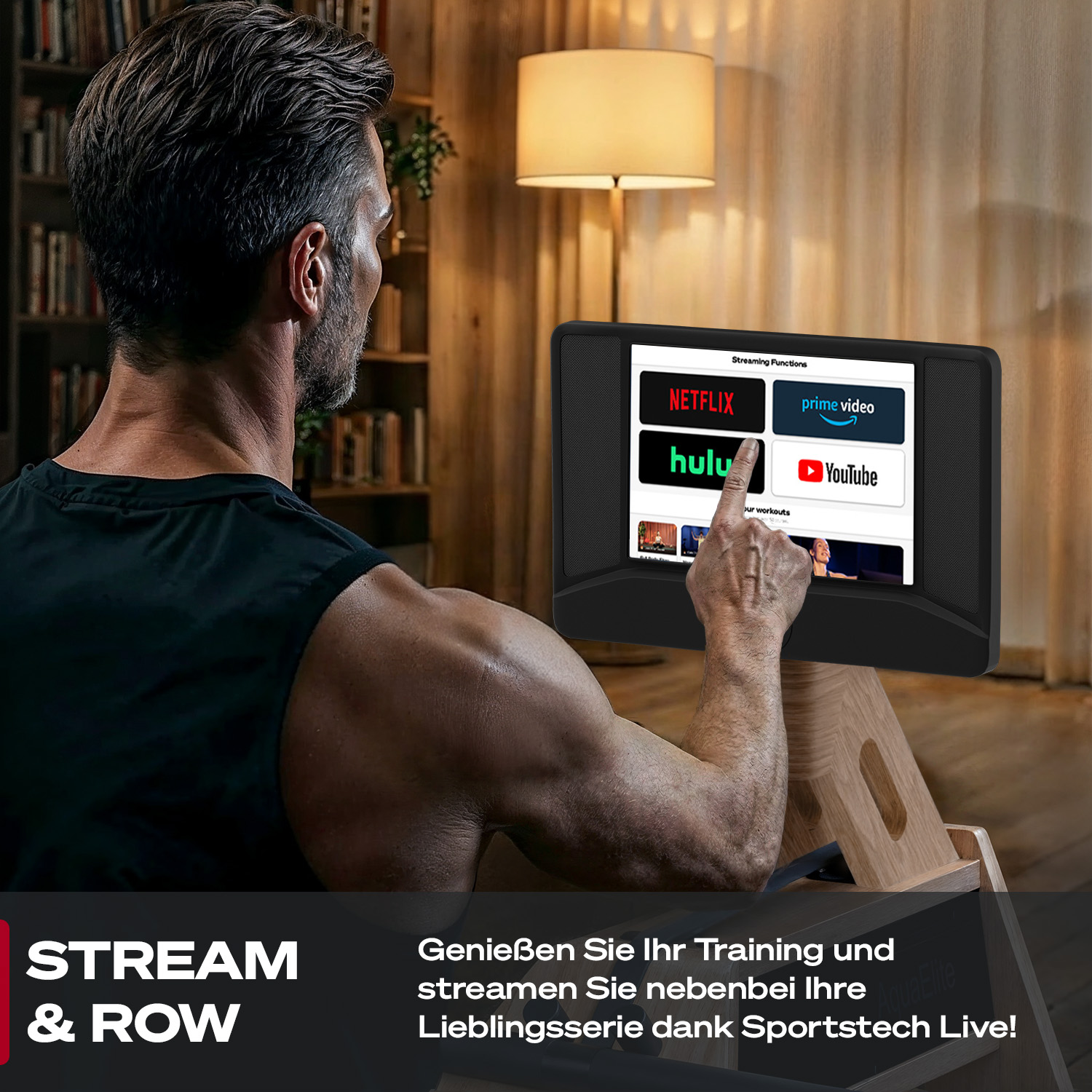 Mann auf Rower mit Bildschirm, der Streaming-Apps anzeigt. Bücherregal im Hintergrund.