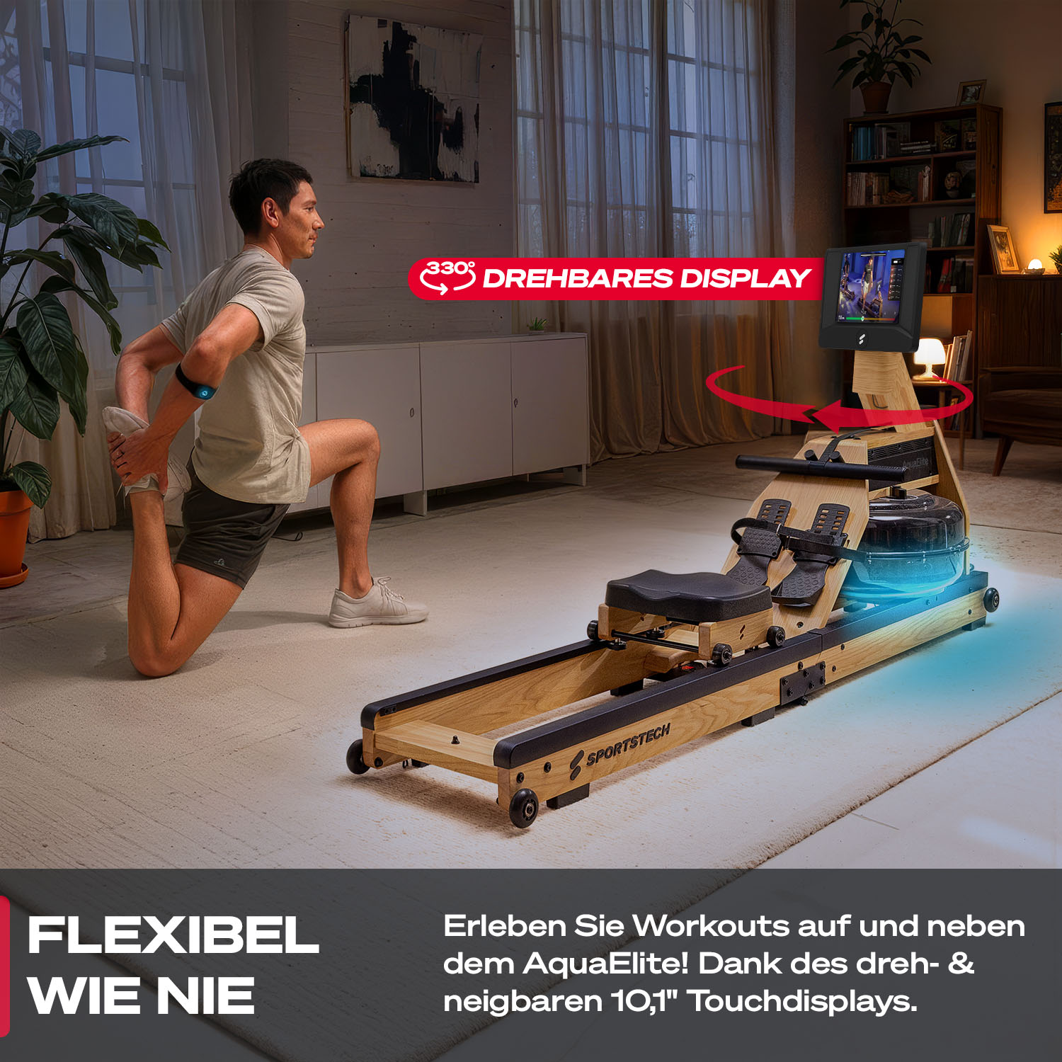 Mann dehnt sich neben einem Holz-Rudergerät mit drehbarem Display.