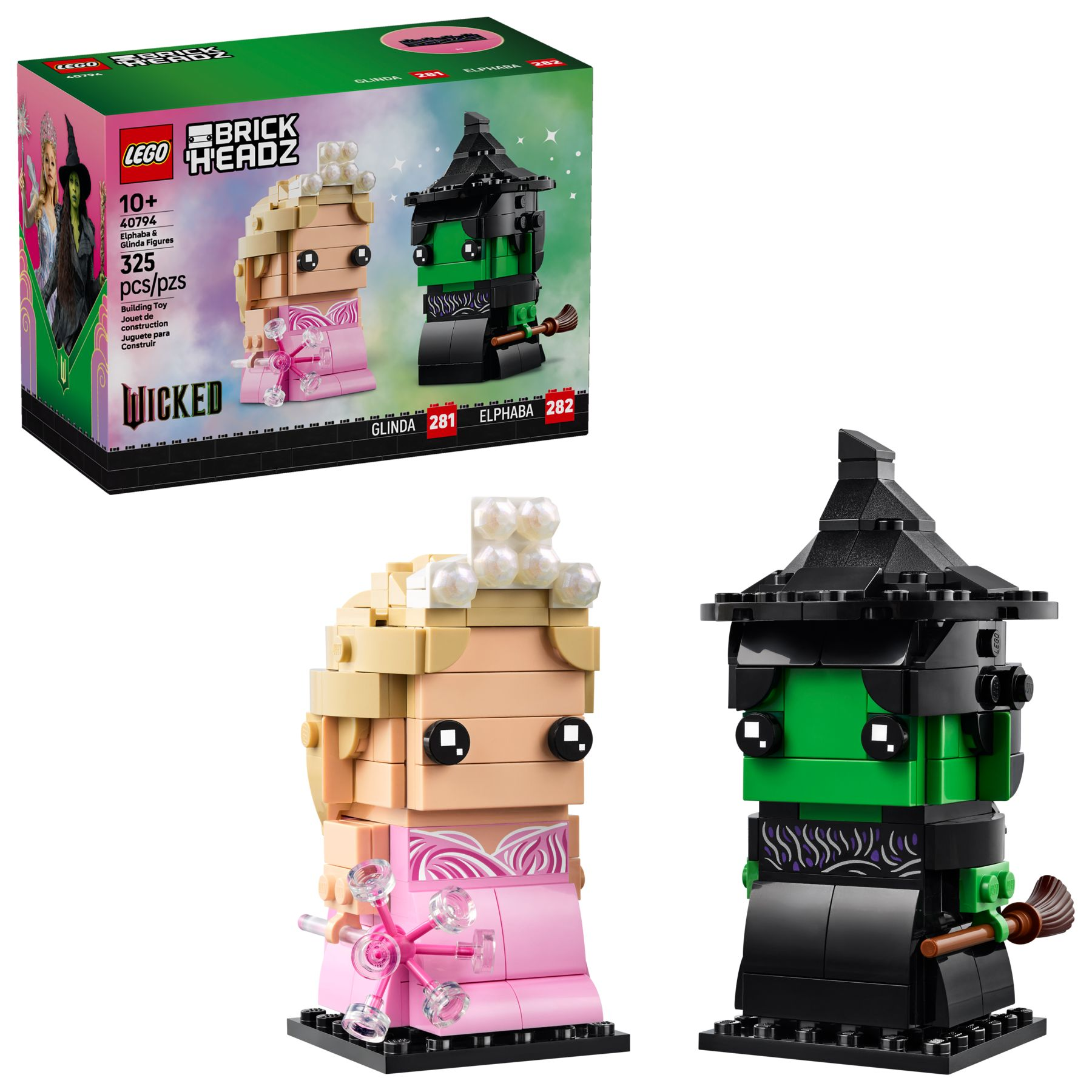 LEGO BrickHeadz Figuren von Glinda in Rosa und Elphaba in Grün mit Besen.