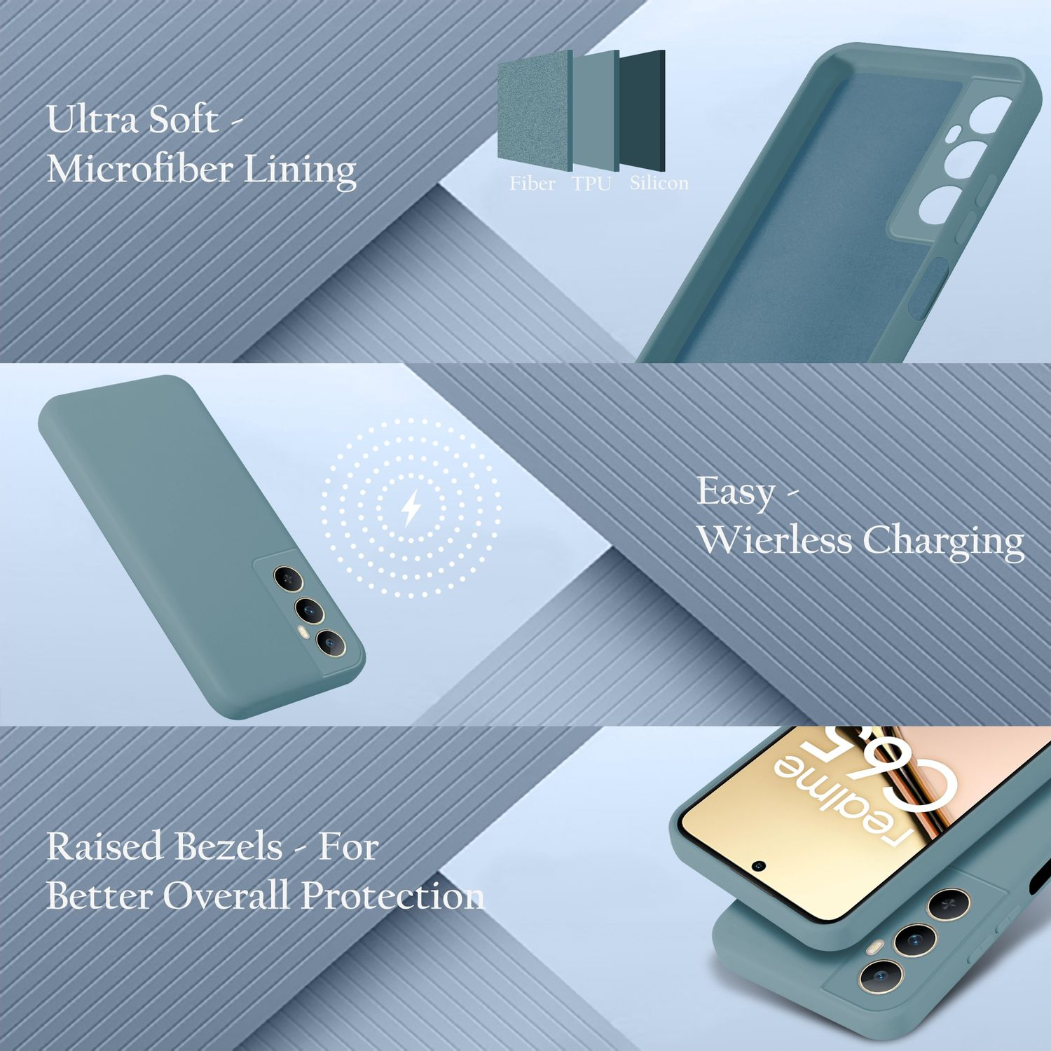 Ein blaues Handycase mit Mikrofaserauskleidung, Ladefunktion und erhöhten Rändern.