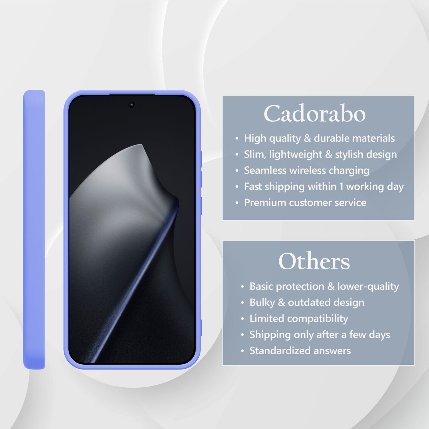Ein lilafarbenes Handycase liegt neben einem Smartphone. Rechts sind Vorteile aufgelistet.
