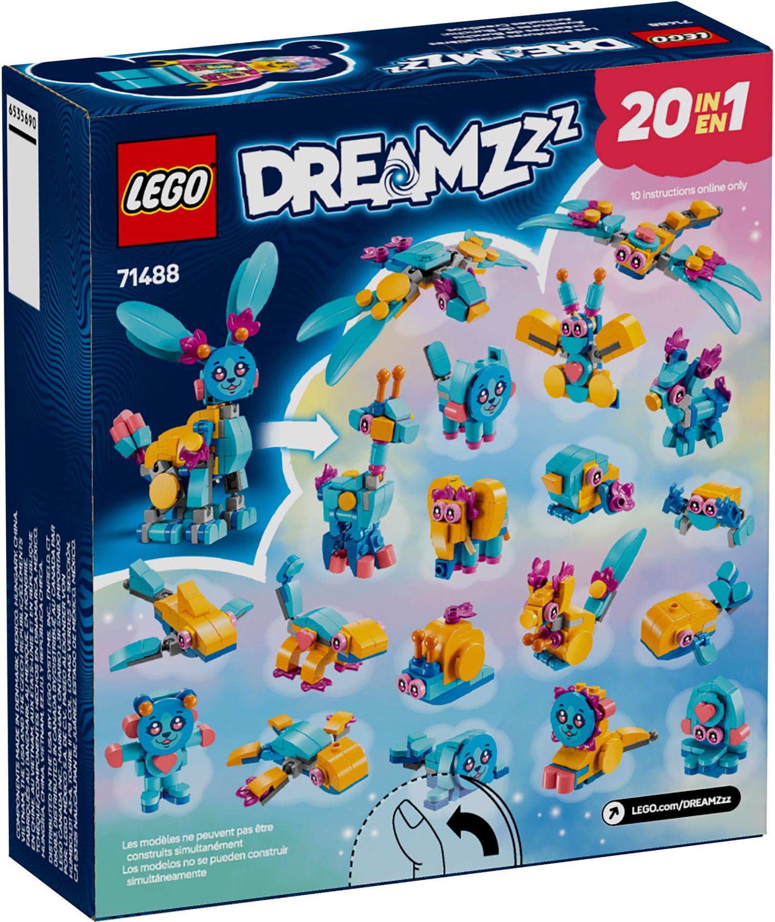 Lego Dreamzzz Box mit vielen bunten Figuren in Blau, Gelb und Rosa.