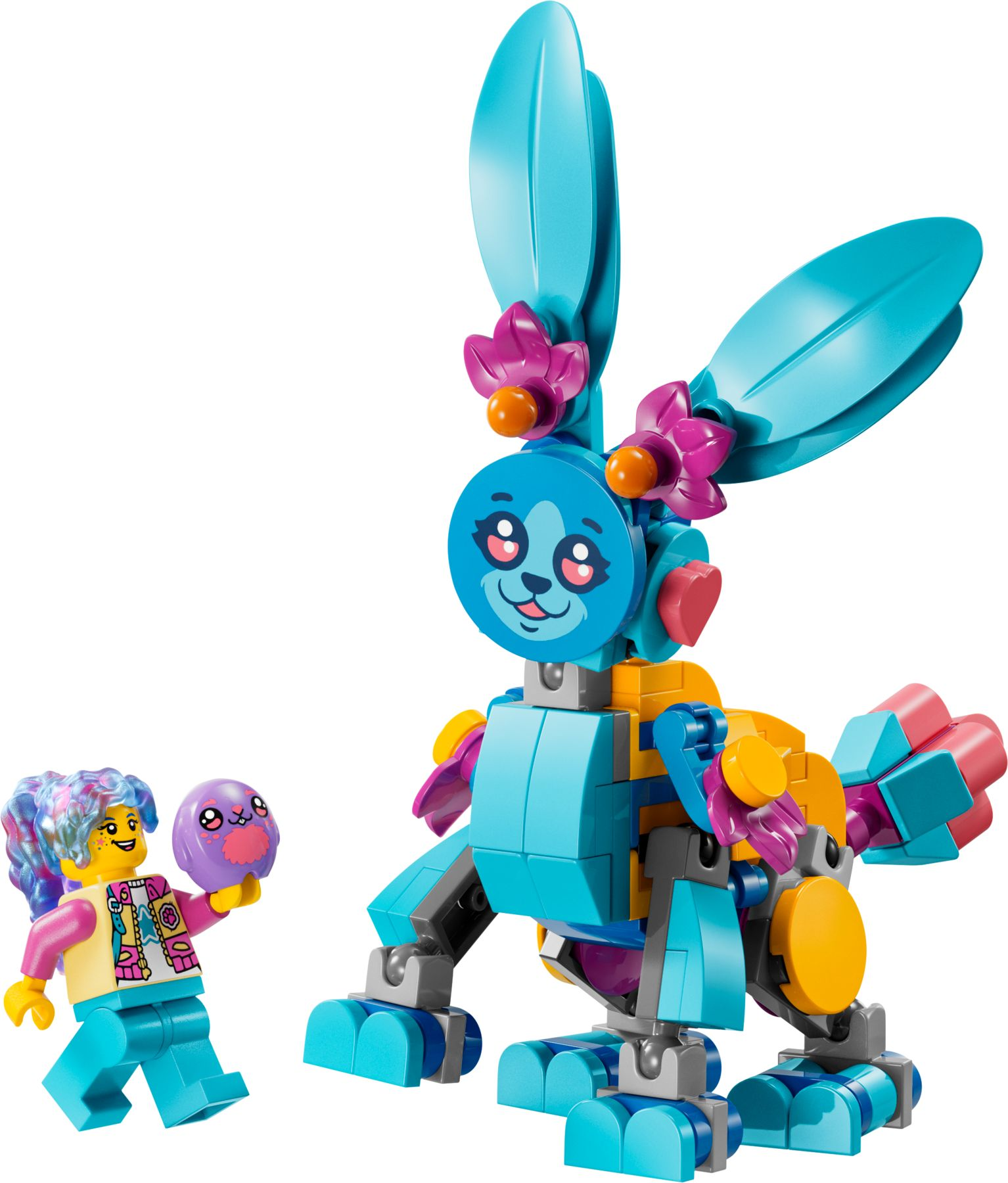 Eine bunte Lego-Figur hält ein lila Wesen neben einem großen blauen Hasen.