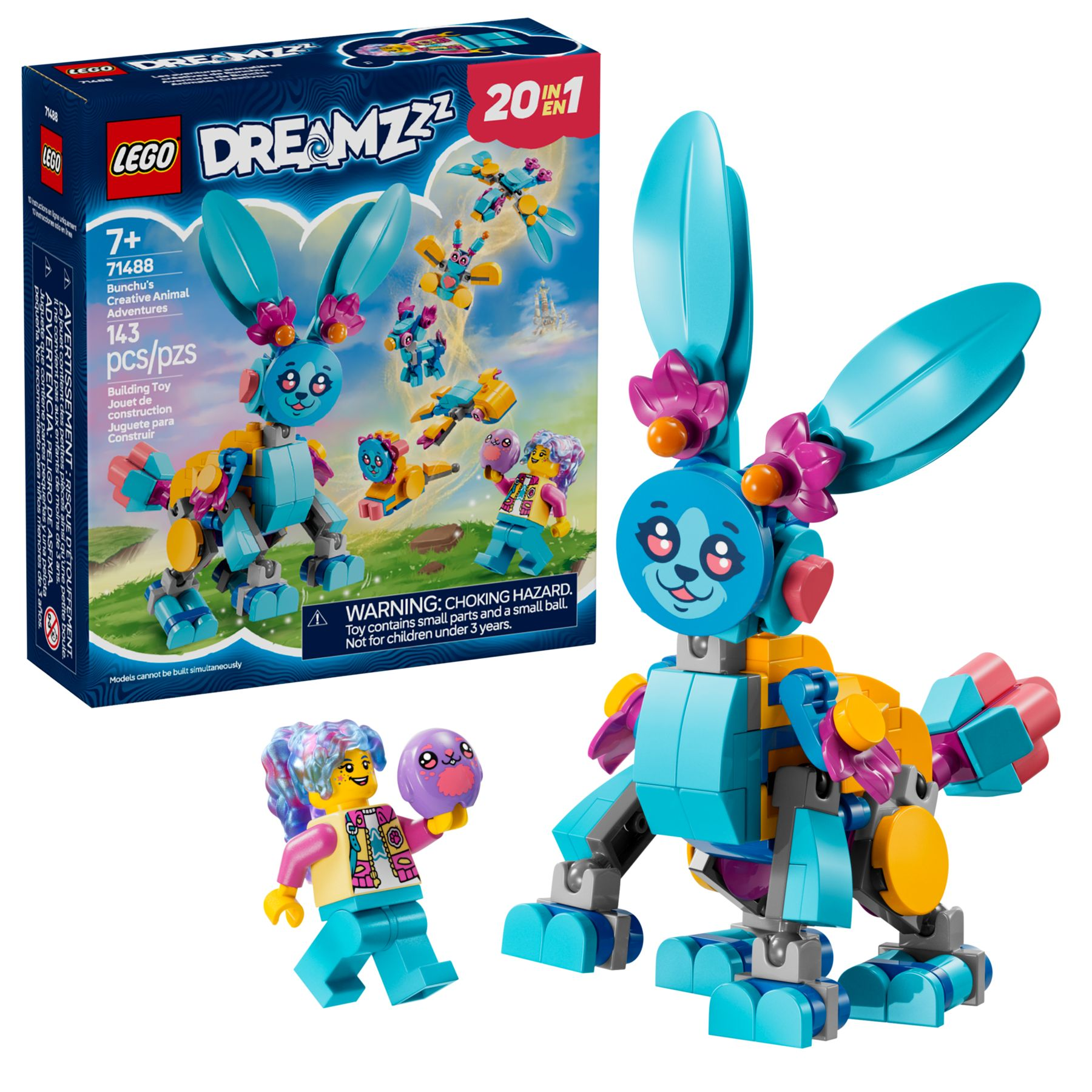 Ein blaues LEGO-Hasen-Spielzeug mit einem Mädchen, das eine lilafarbene Kugel hält.