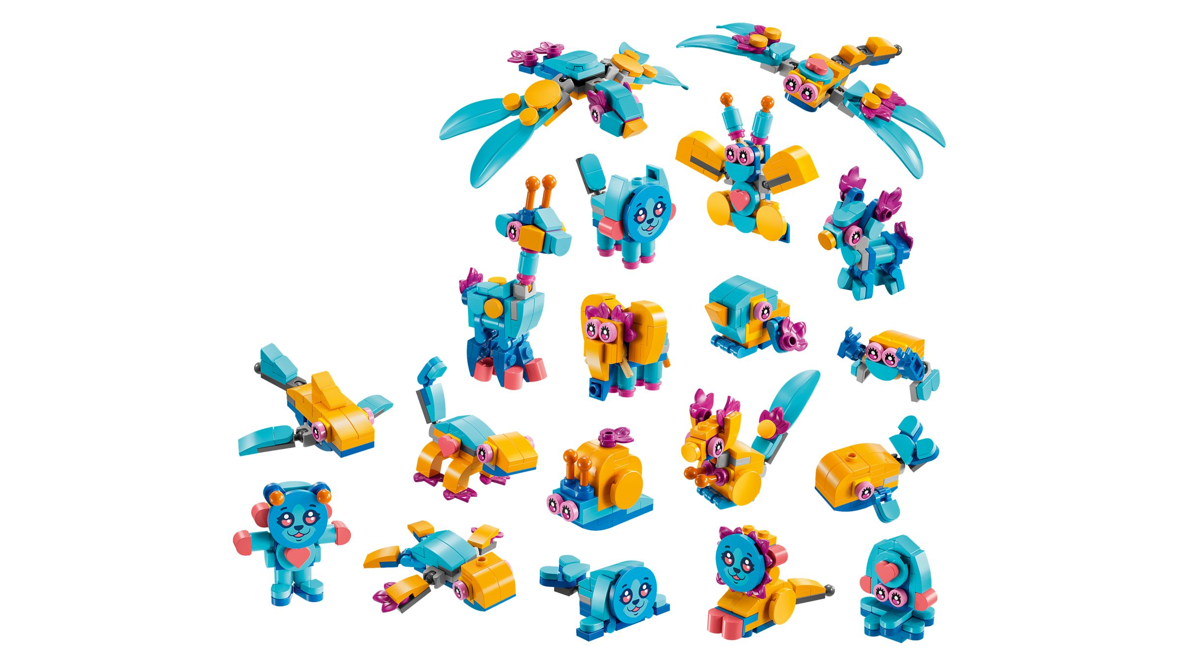 Bunte Lego-Tierfiguren in Blau und Gelb, darunter Drachen und Bären.