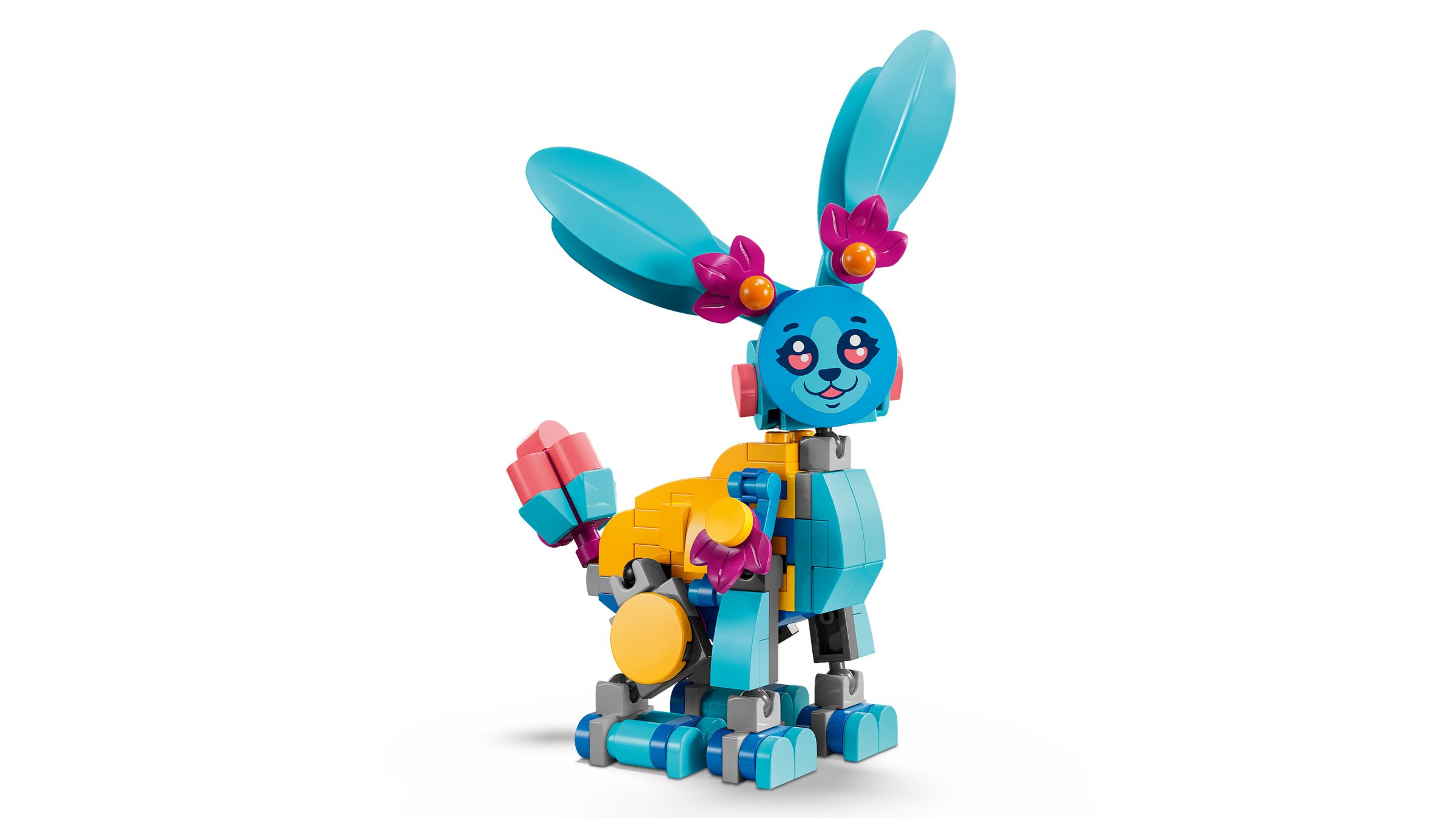 Ein bunter Lego-Hase mit blauen Ohren, rosa Blumen und gelbem Körper.