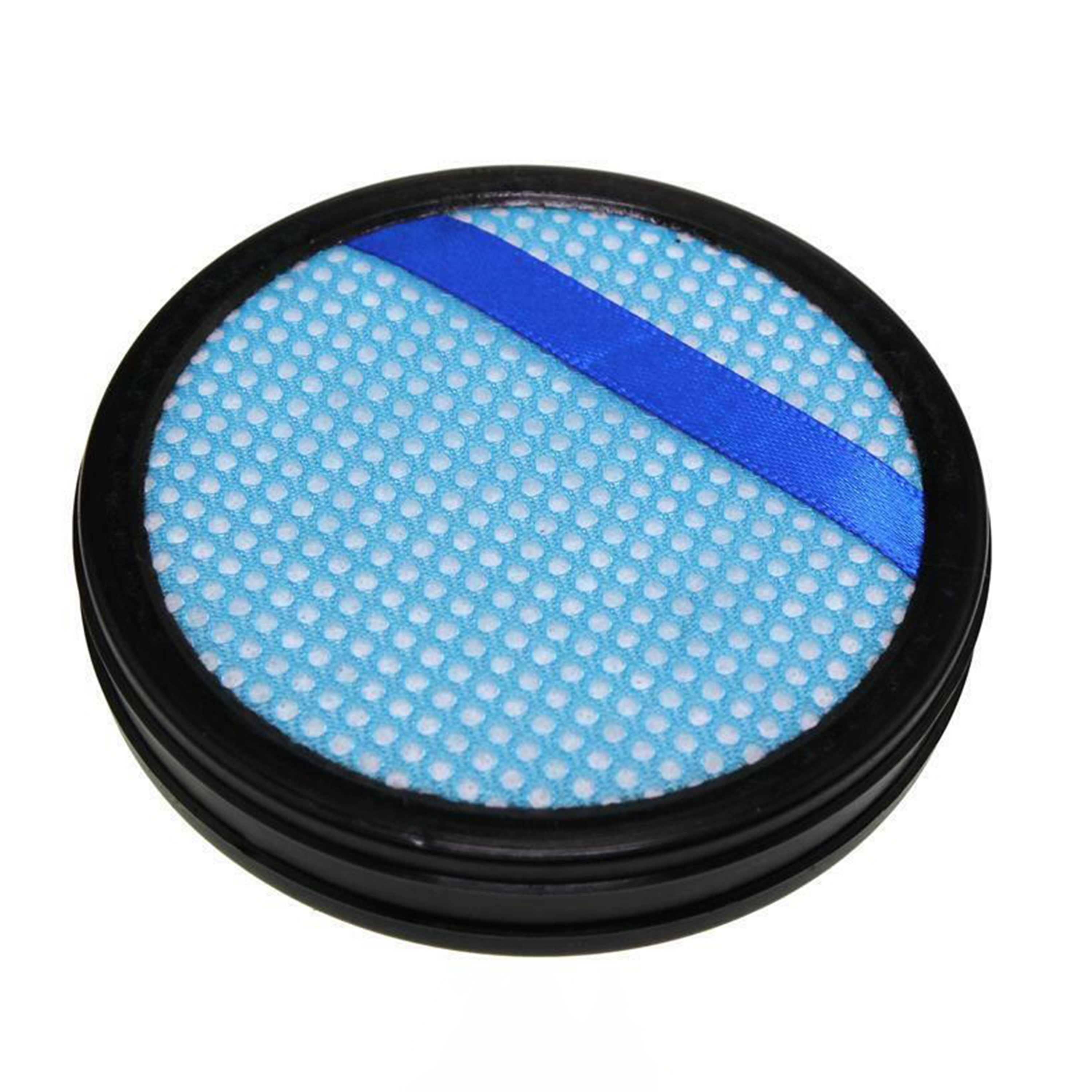 Ein runder blauer Filter mit weißem Netzmuster und einem blauen Band.