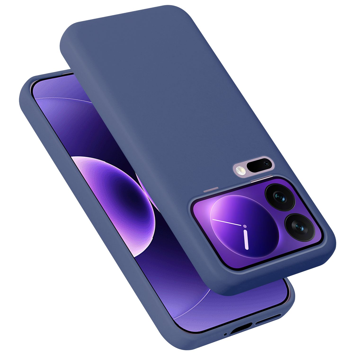 Ein blaues Handyhülle liegt über einem lila Telefon mit Kamera.