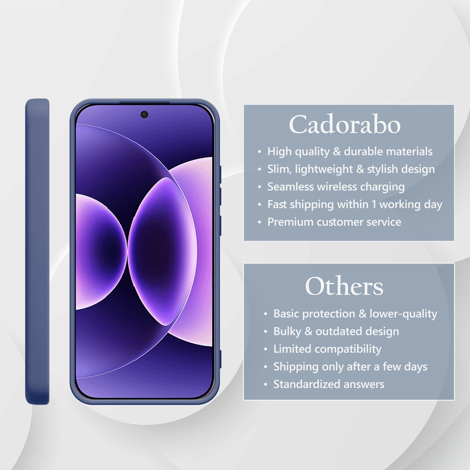 Ein blaues Handyhülle und ein Smartphone mit violetter Hintergrundgrafik.