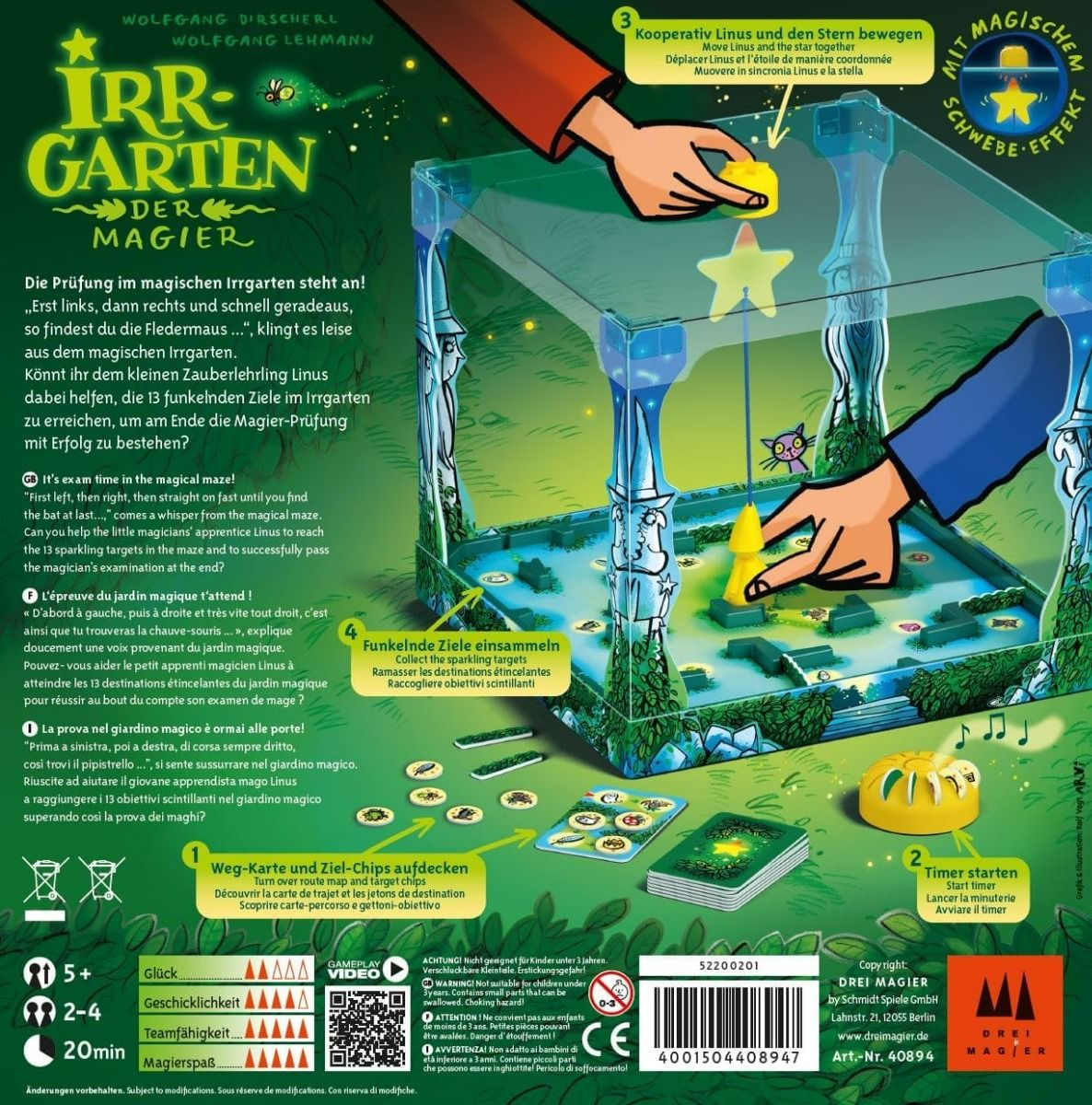 Gra planszowa "Irrgarten der Magier" z labiryntem 3D, figurkami i kartami.