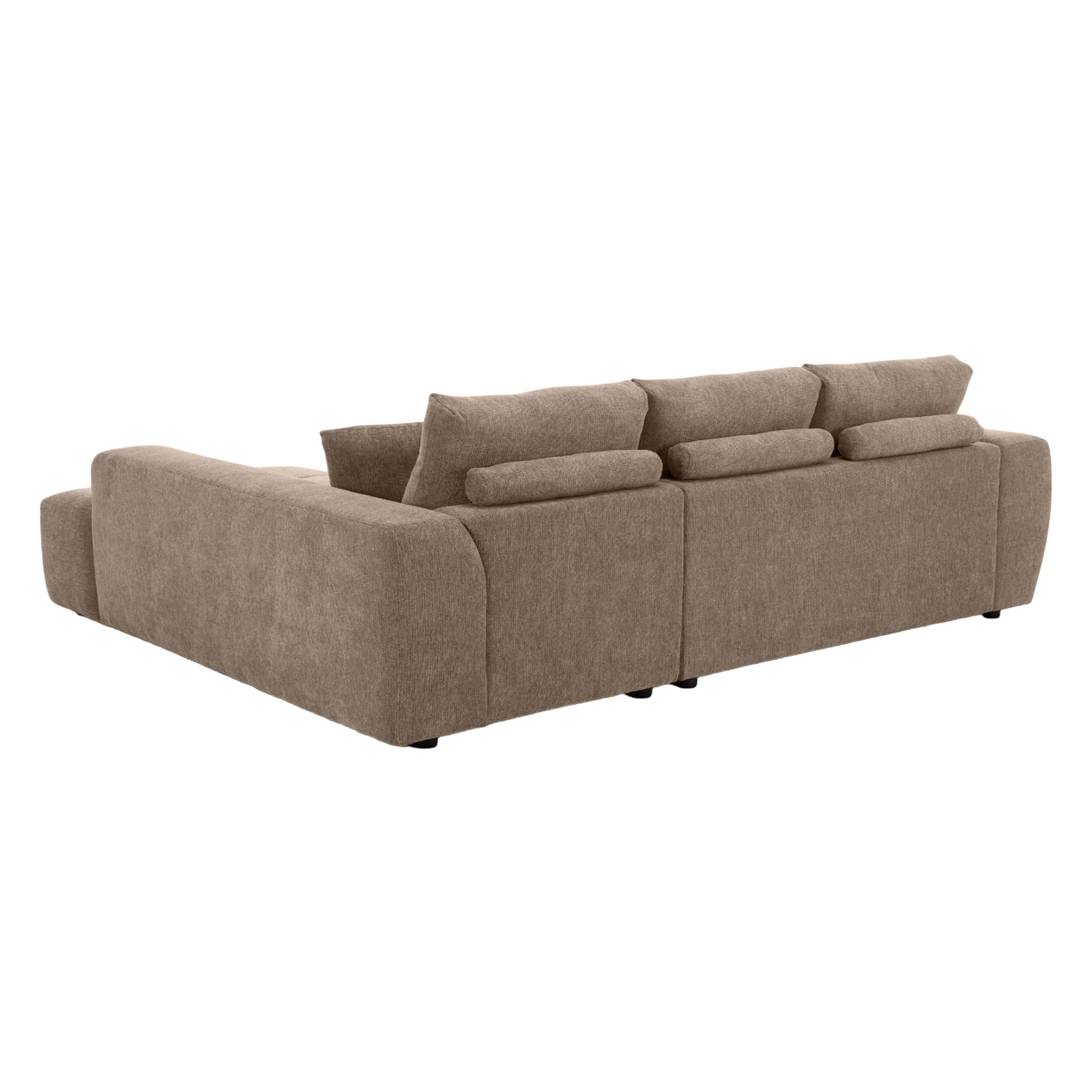 Brauner Ecksofa-Schnitt mit Kissen und verstellbaren Kopfstützen.