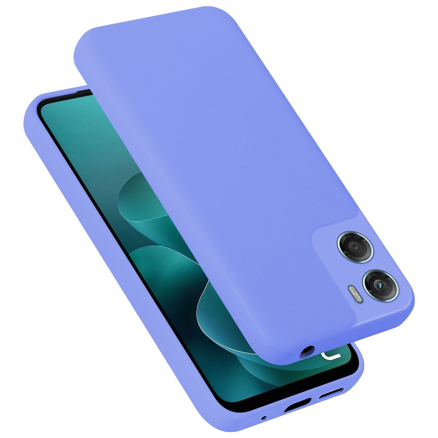 Ein lila Handyhülle liegt über einem Handy mit grüner Tapete.