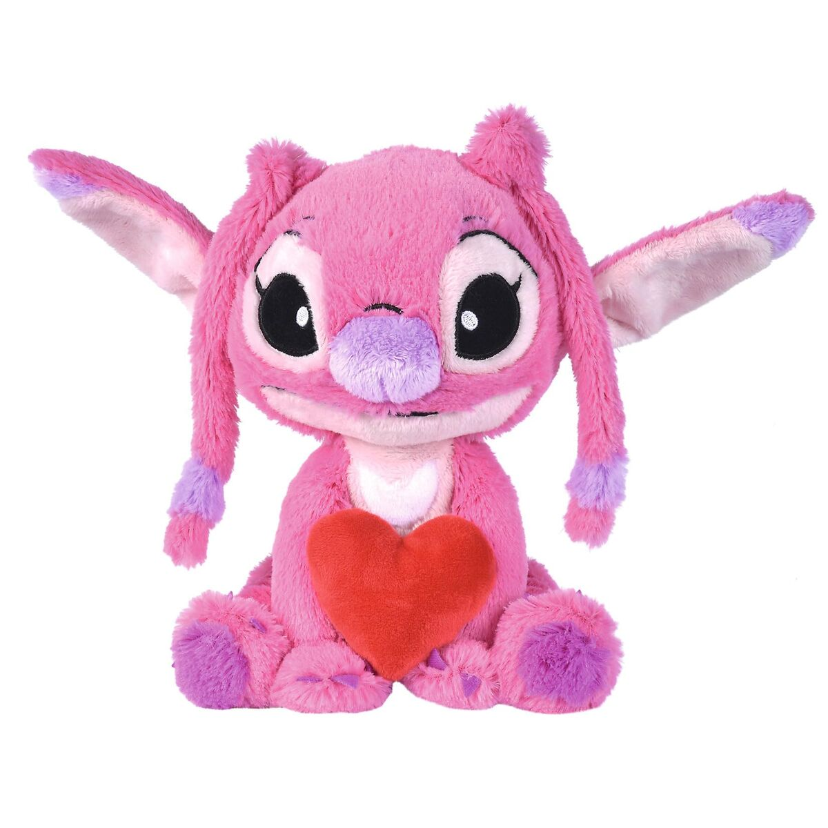 Un peluche rosa con orejas grandes, sosteniendo un corazón rojo.