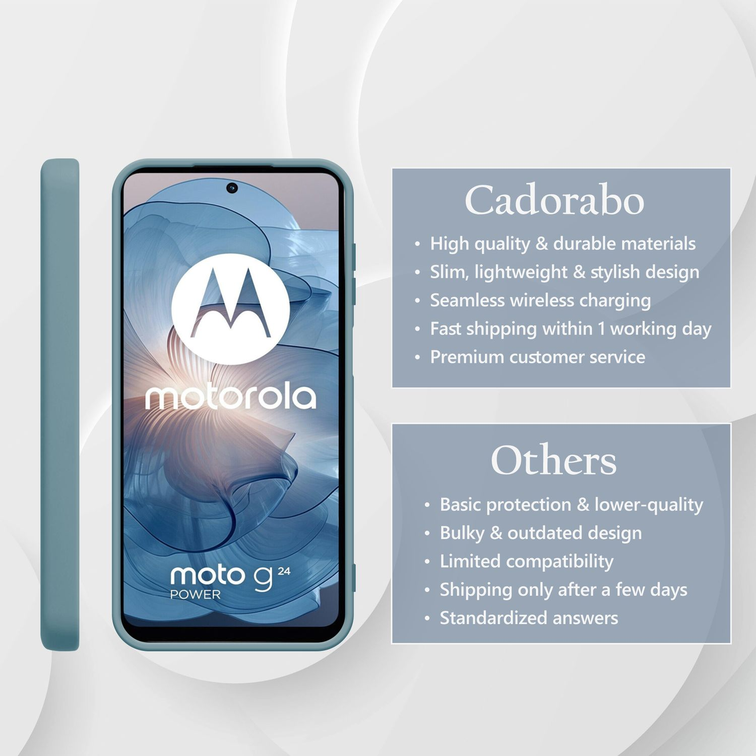 Ein türkisfarbener Handyhülle liegt neben einem Motorola Moto G 24.