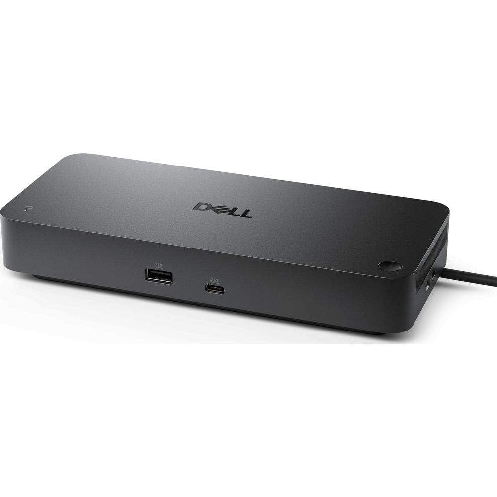 Schwarzer Dell Dockingstation mit USB-A und USB-C Anschlüssen.