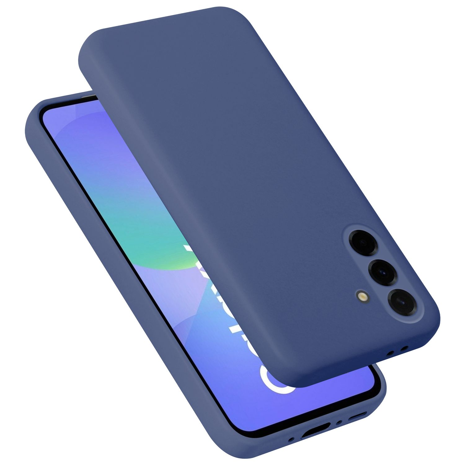 Eine blaue Handyhülle liegt über einem Smartphone mit blauem Bildschirm.