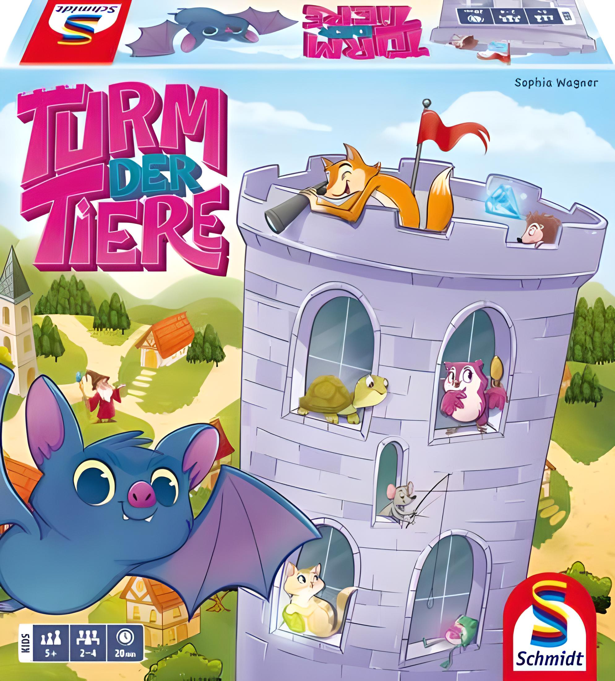 Brettspiel Turm der Tiere: Ein Frosch, eine Eule, eine Schildkröte und ein Fuchs auf einem Turm.