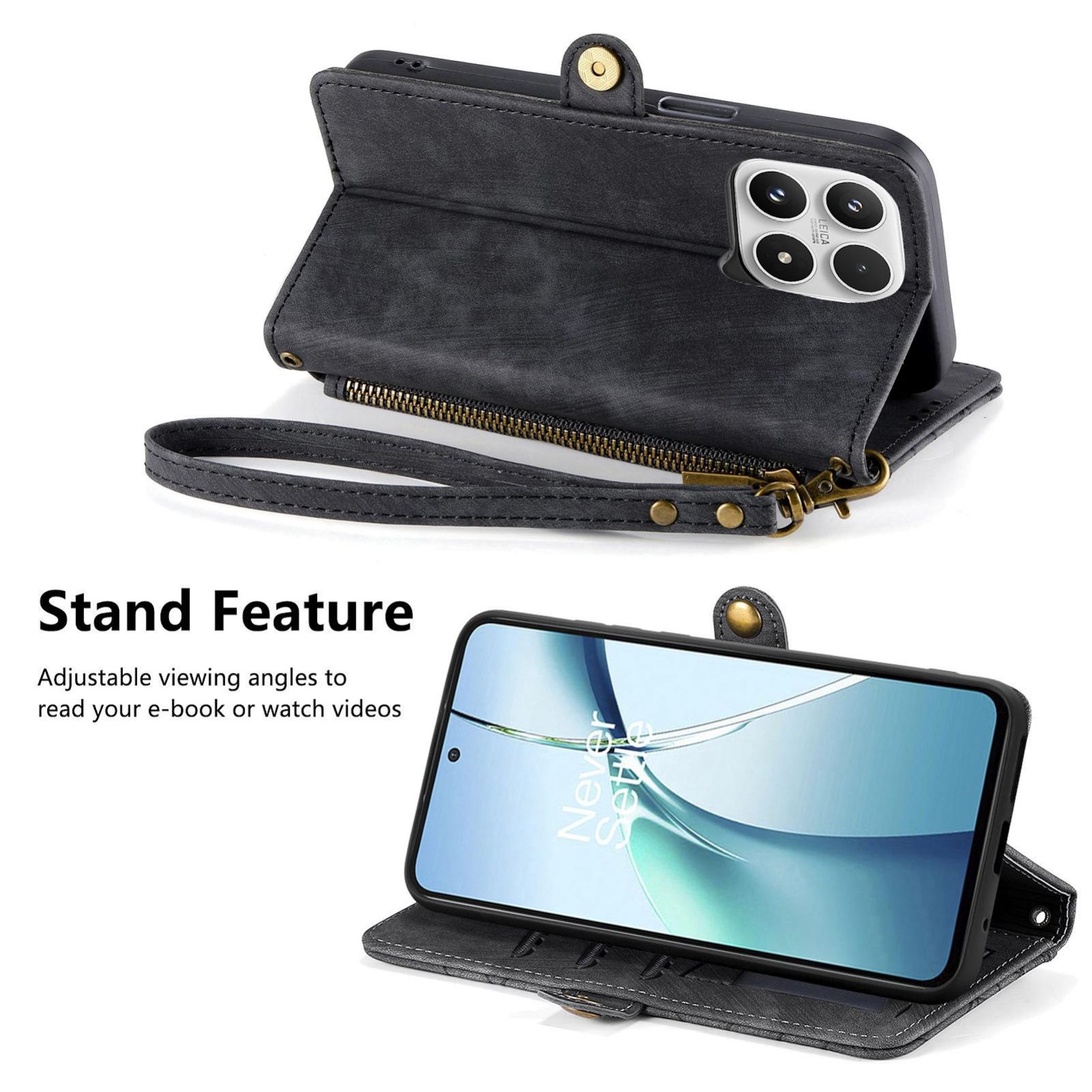 Funda de teléfono tipo cartera gris con cremallera y función de soporte.