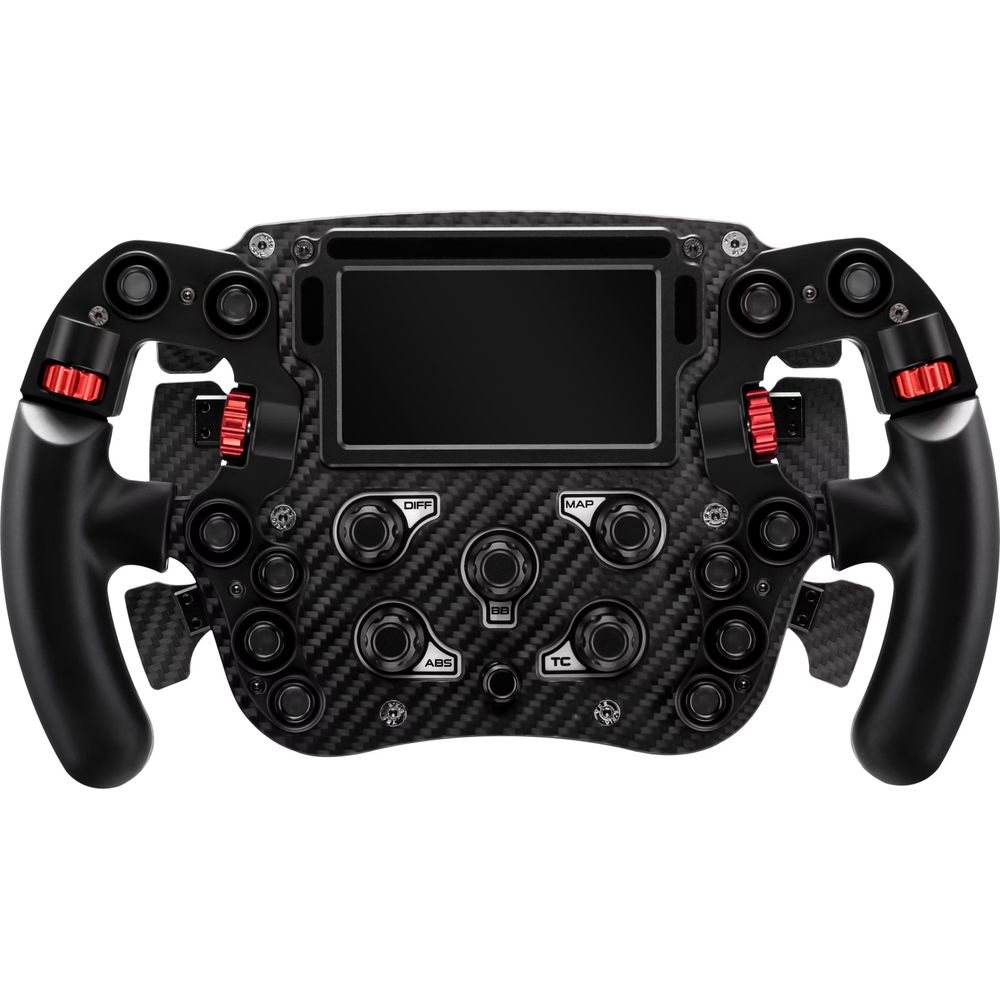 Un volante nero con motivo carbonio, display e molti pulsanti.