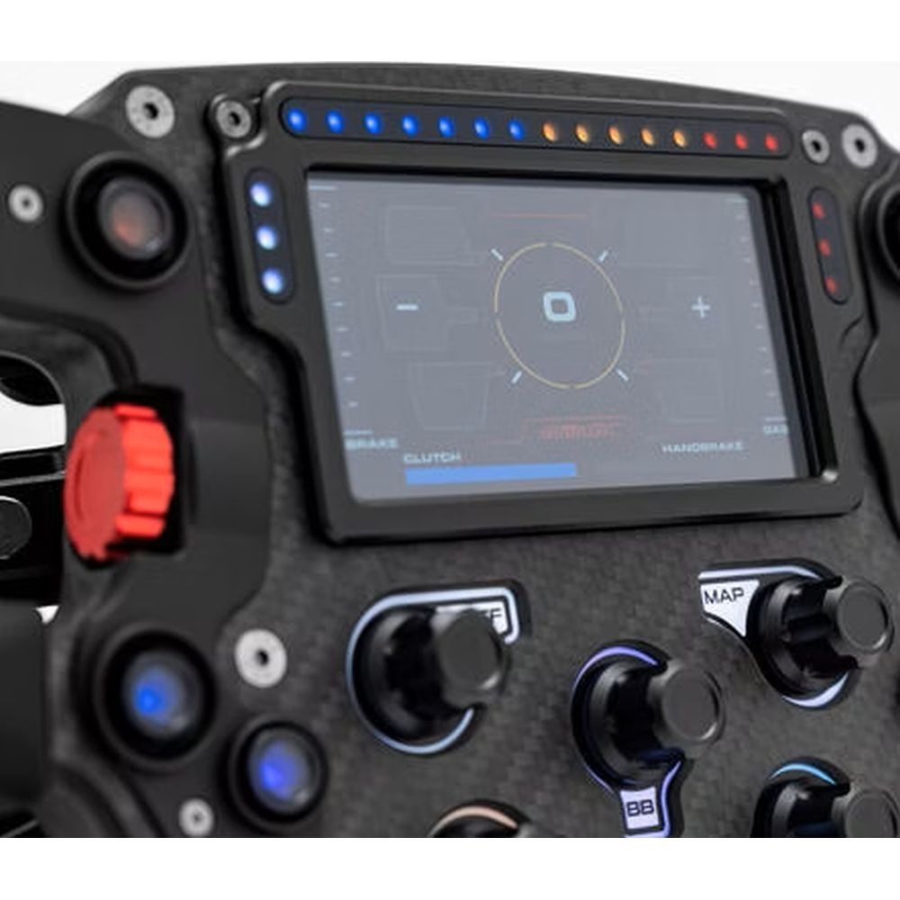 Un volante da corsa con display digitale e molti pulsanti.