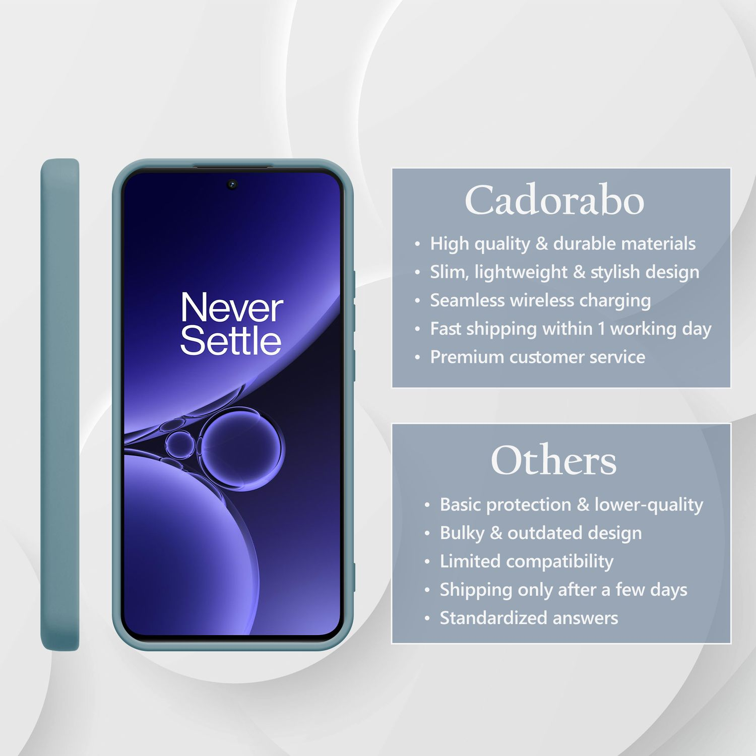Ein hellgrünes Handy mit dem Text 'Never Settle' und Produktvergleich.