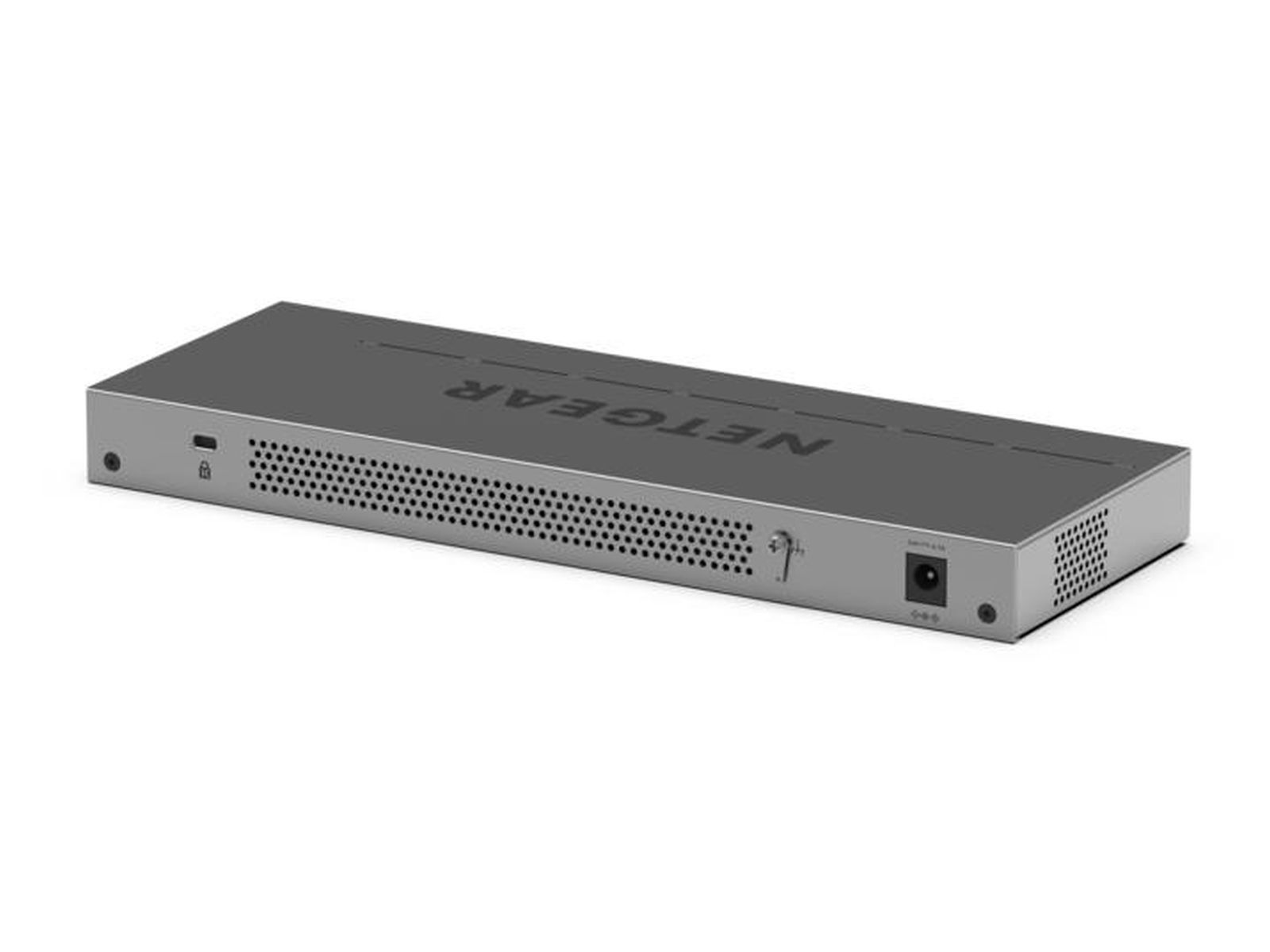 Dispositivo Netgear grigio con prese d'aria e porte frontali.