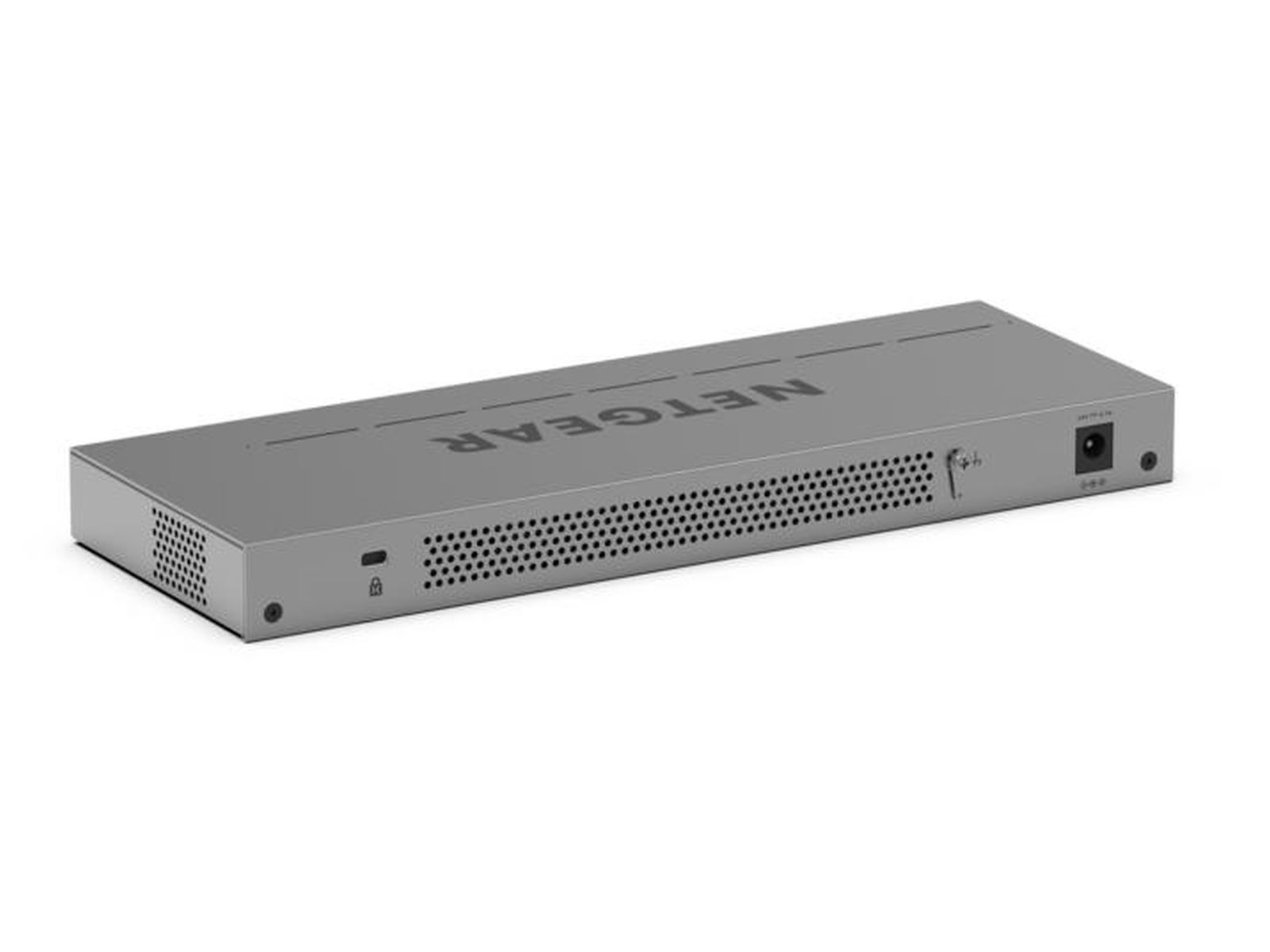 Switch Netgear grigio con fessure di ventilazione e porte posteriori.
