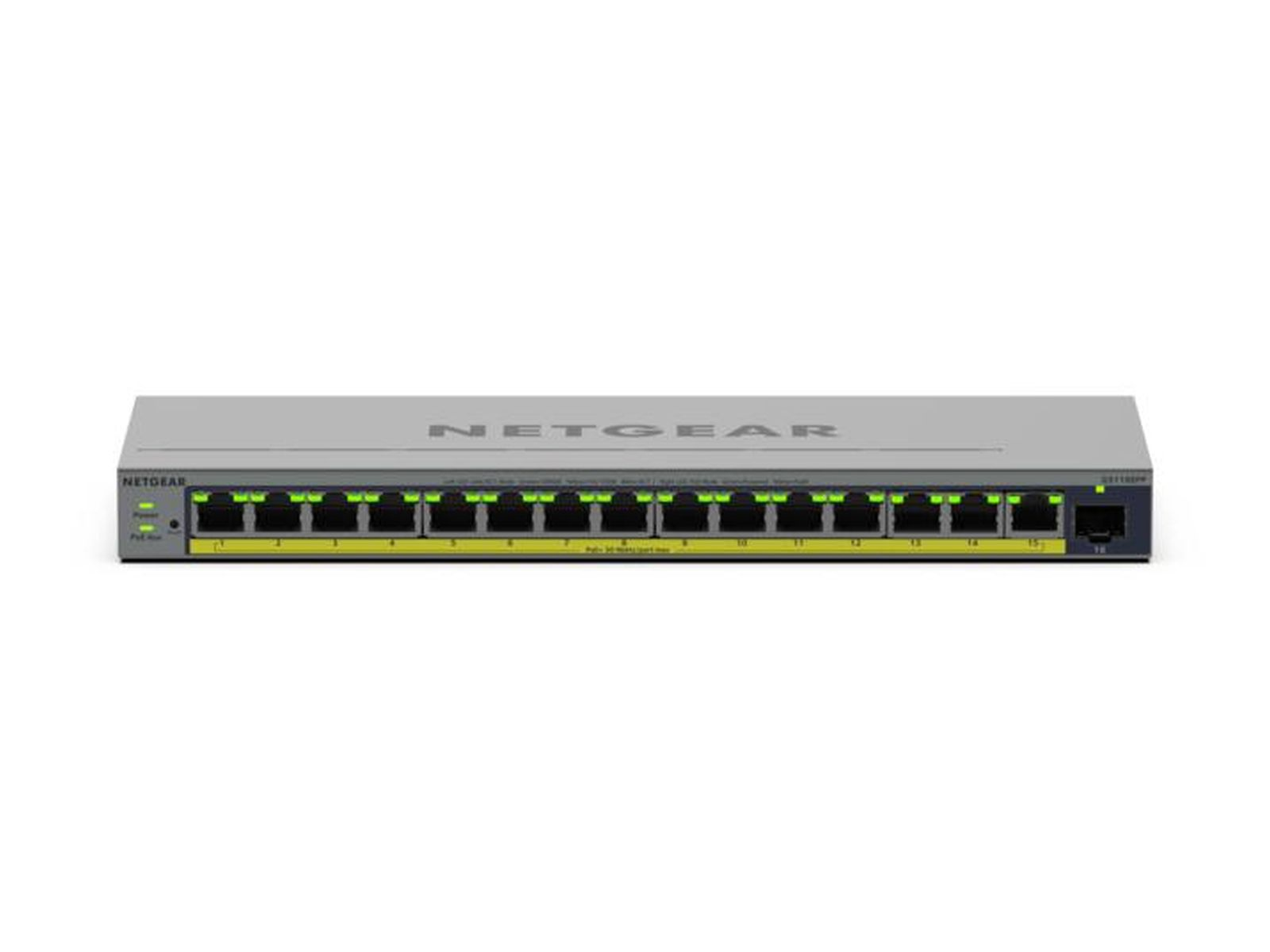 Switch Netgear grigio con 16 porte e luci di indicazione verdi.