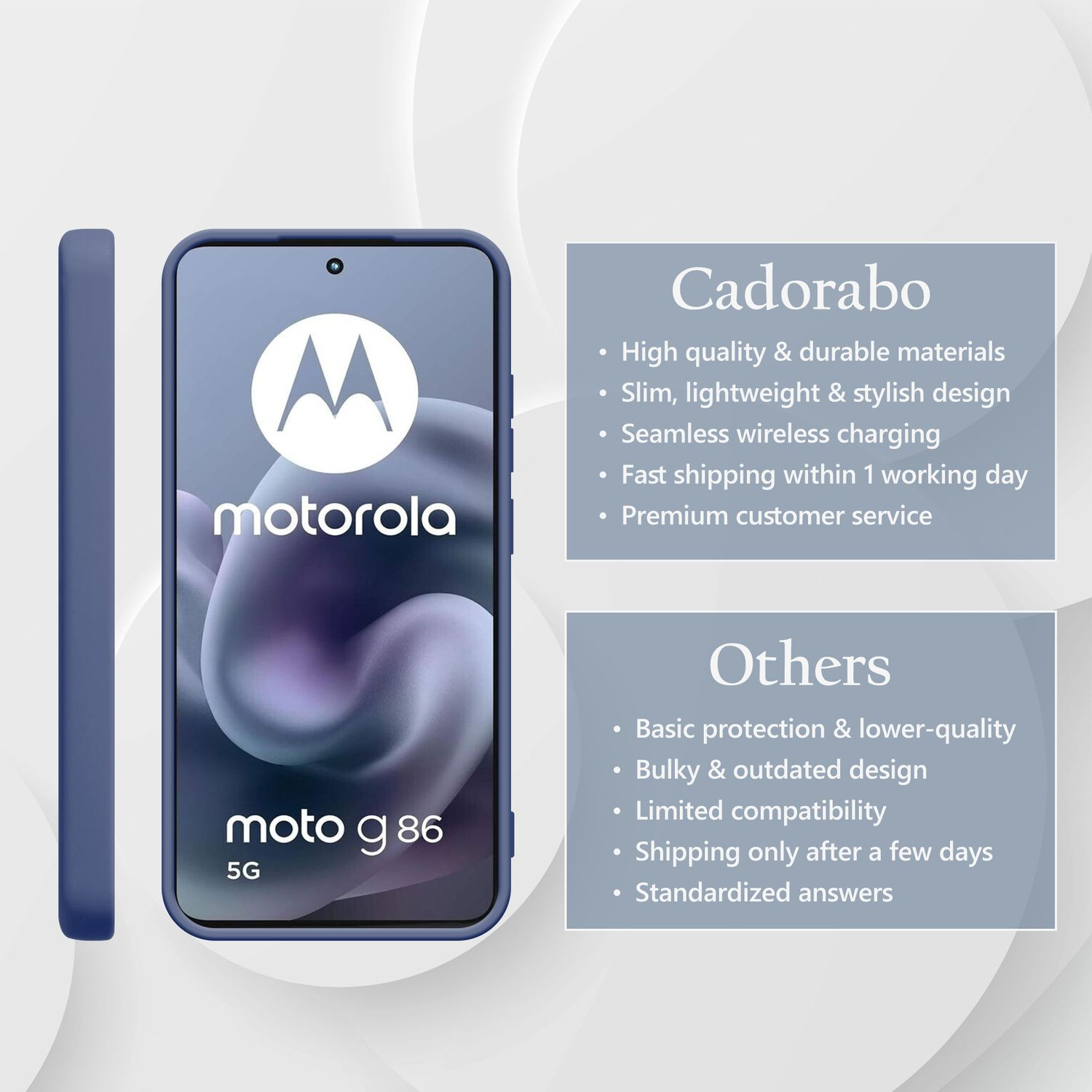 Dunkelblauer Handy-Schutz für Motorola Moto G86 5G mit Cadorabo-Logo.