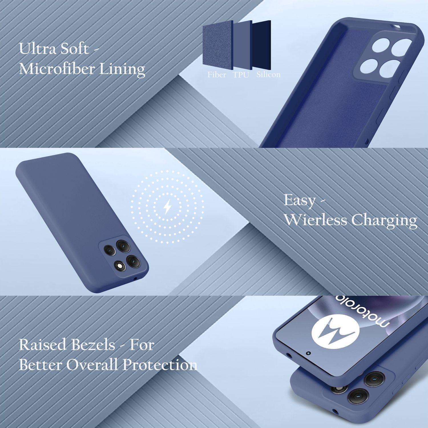 Eine blaue Handyhülle mit Mikrofaserfutter, kabellosem Laden und erhöhten Rändern.