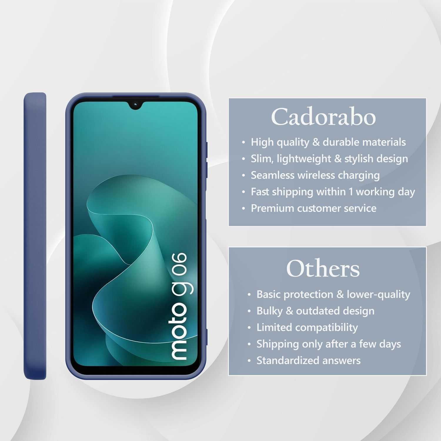 Blaue Handyhülle für Moto G06, listet Cadorabo-Vorteile vs. andere auf.