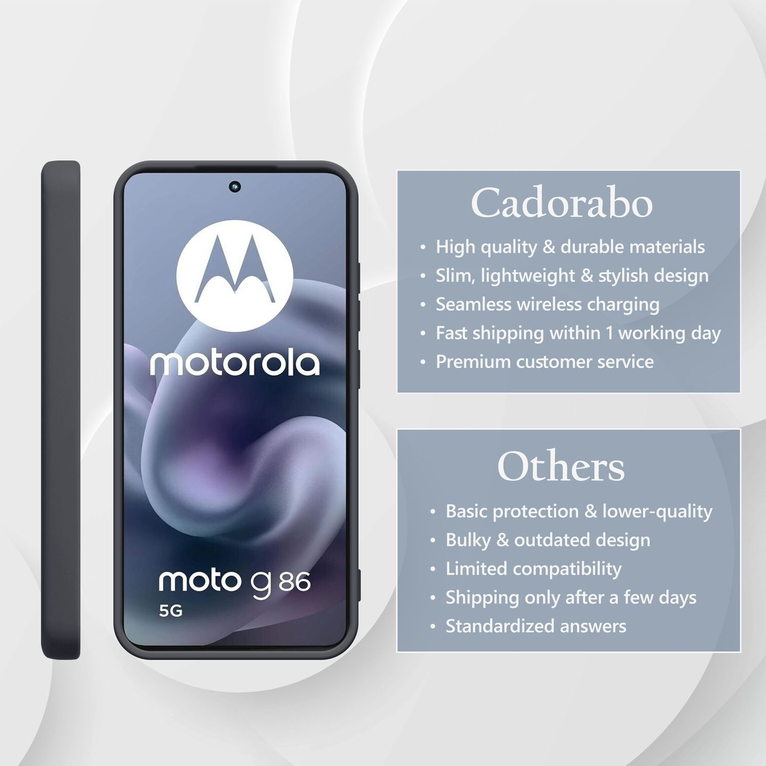 Graues Motorola Moto G 86 5G Smartphone mit einer Hülle daneben. Vergleicht Cadorabo mit anderen.