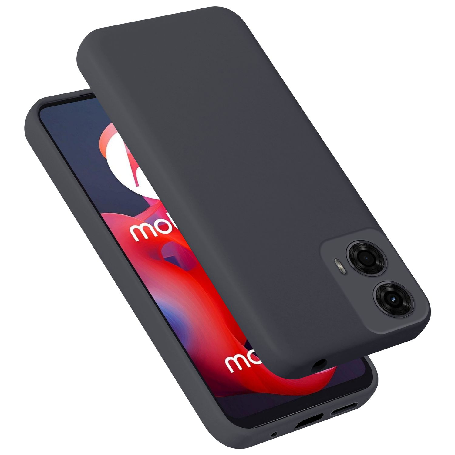 Dunkelgraues Handycover über einem Smartphone mit rotem Hintergrund.