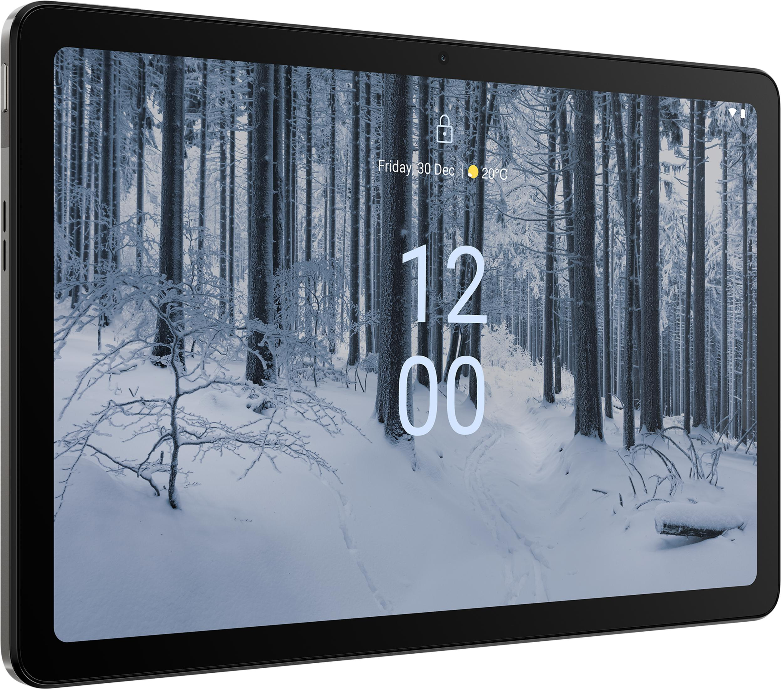 Ein Tablet zeigt einen verschneiten Wald mit der Uhrzeit 12:00.