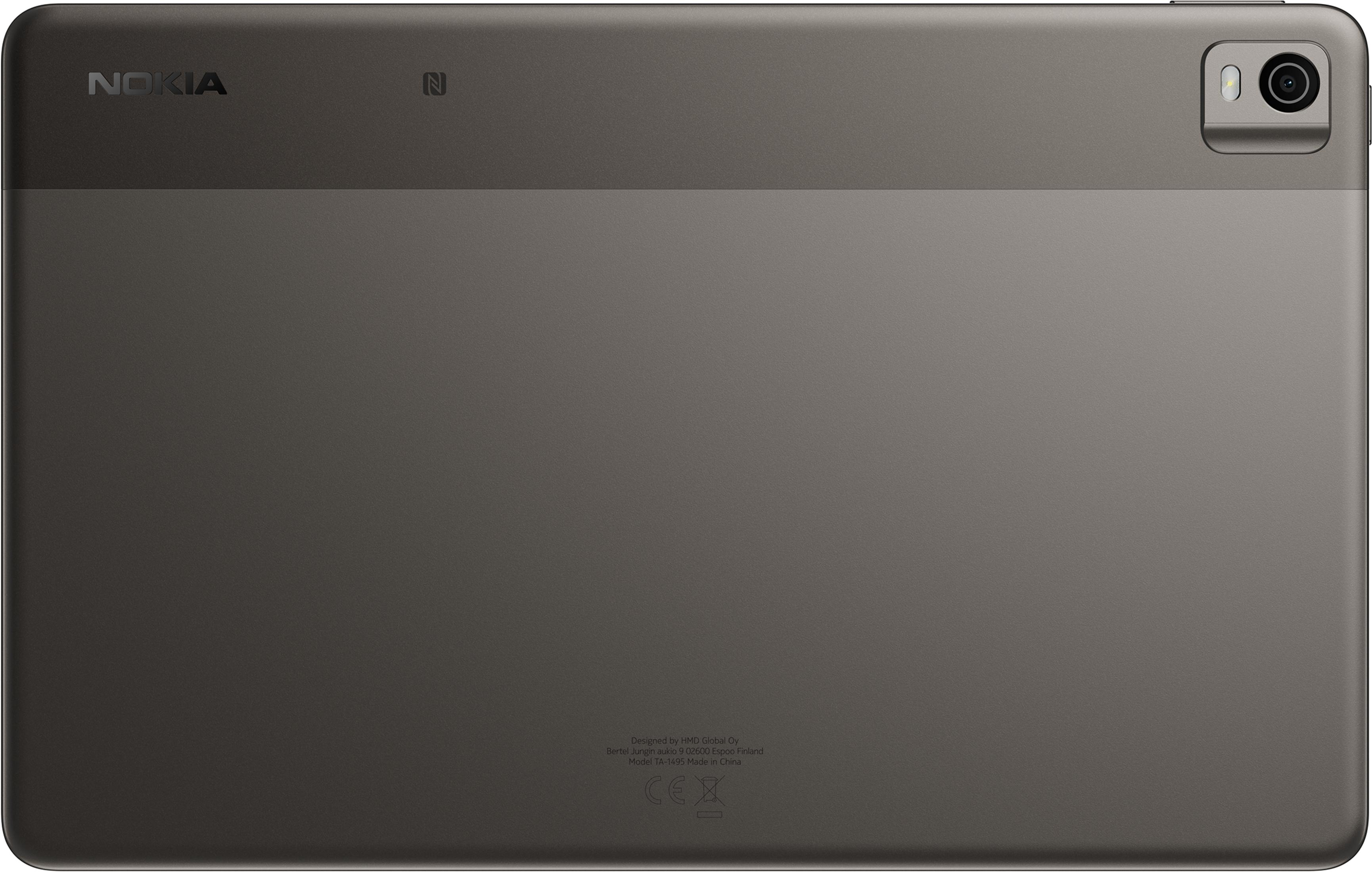 Rückseite eines grauen Nokia Tablets mit Kamera und Logo.