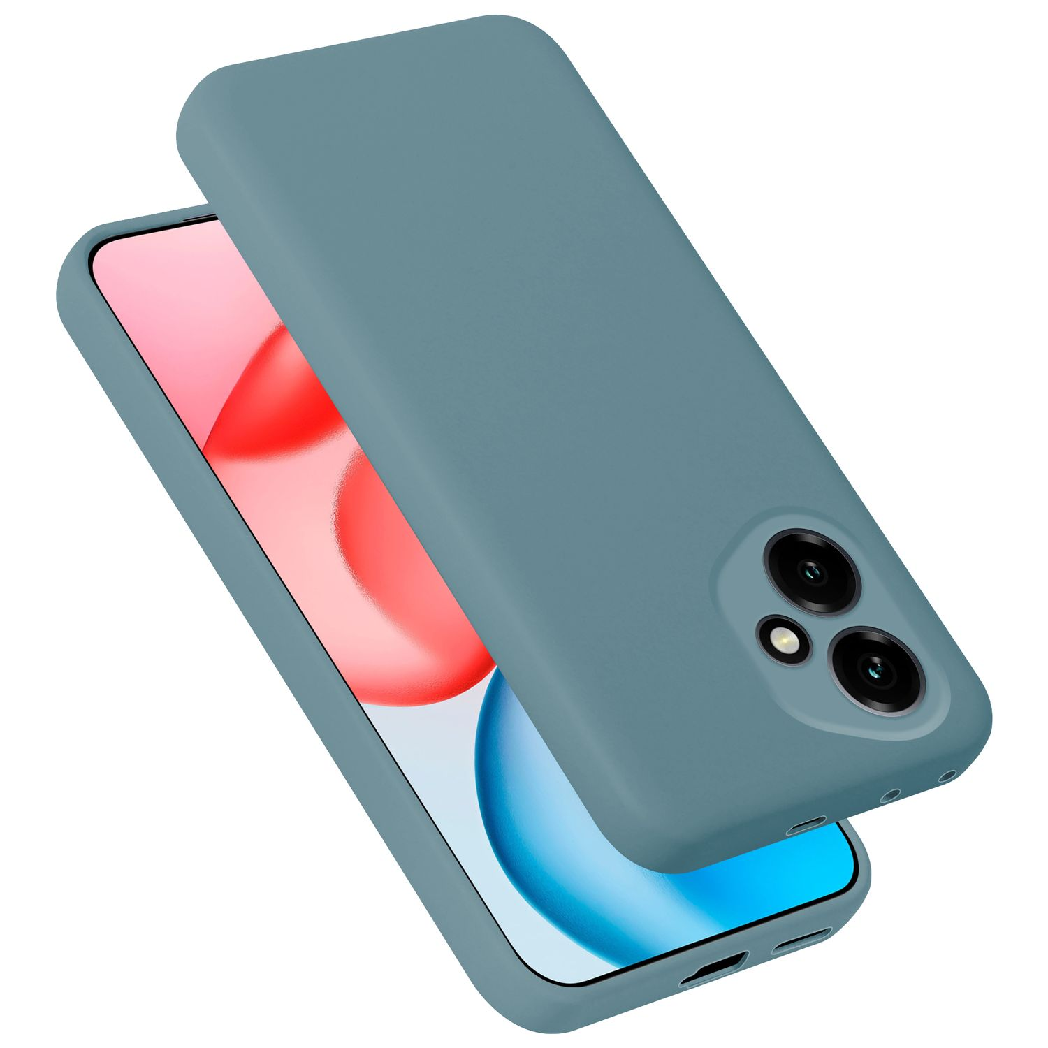 Eine blaue Handyhülle liegt über einem Smartphone mit rosa und blauer Anzeige.