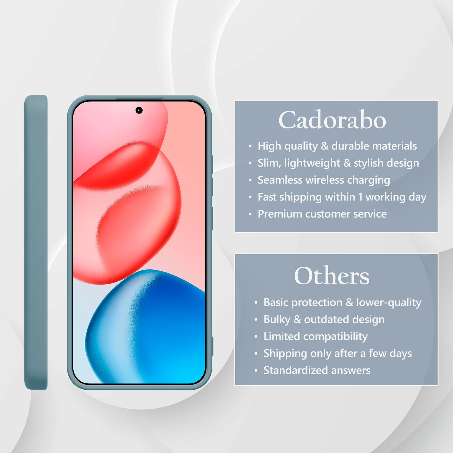 Ein tealfarbenes Smartphone mit einem abstrakten Hintergrund. Links daneben eine Handyhülle.
