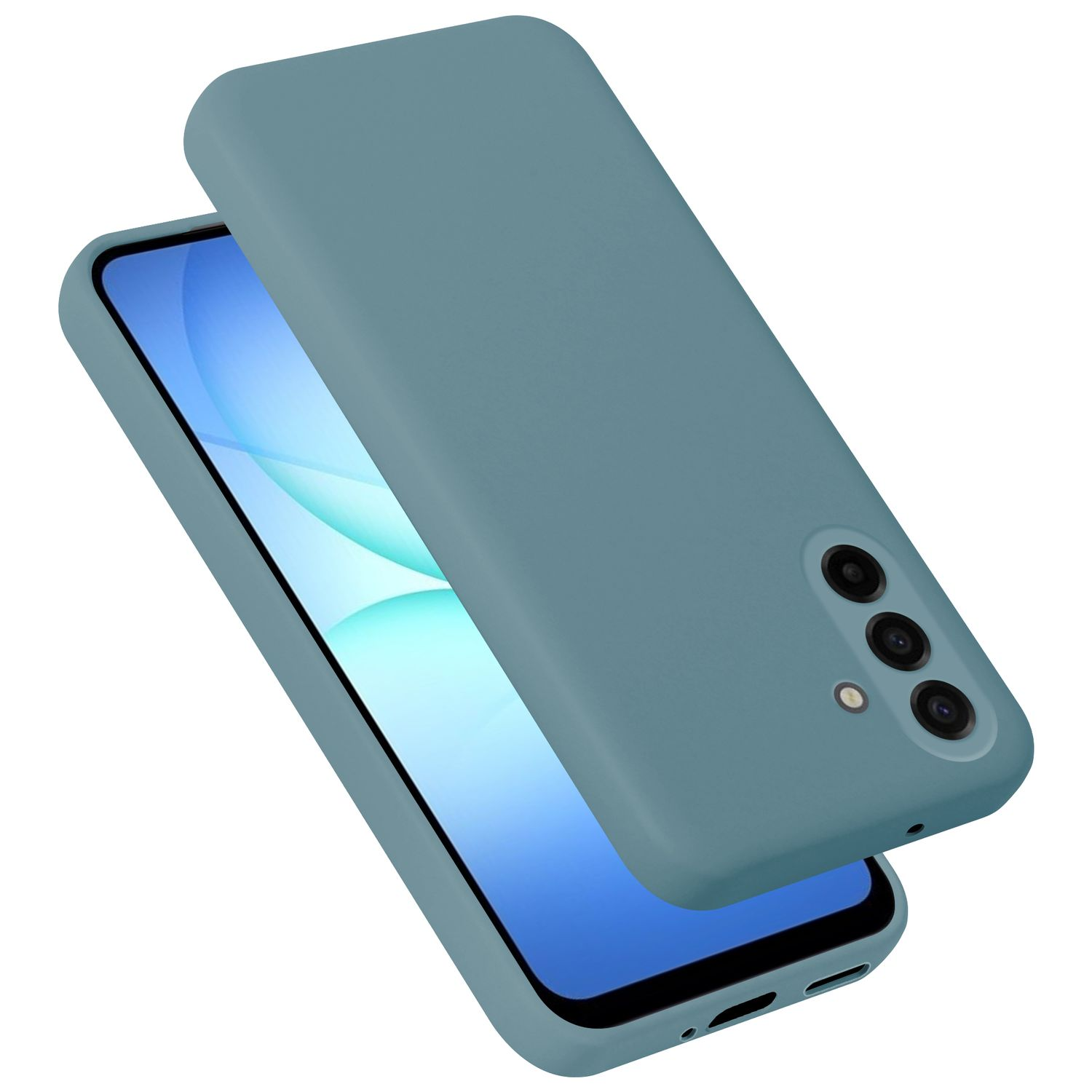 Eine graublaue Handyhülle liegt auf einem Smartphone. Die Rückseite der Hülle zeigt drei Kameras.