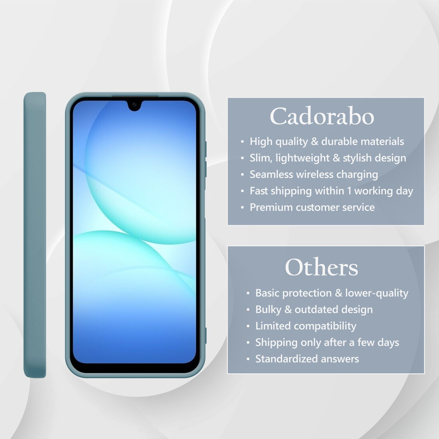 Ein blaues Smartphone mit Hülle, daneben Text über Cadorabo und 'Andere'.