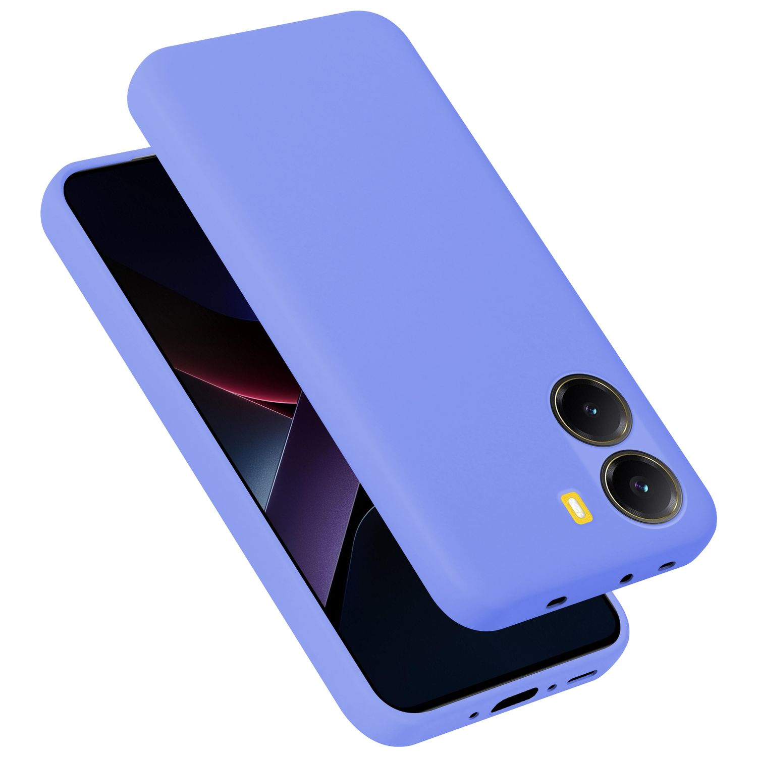 Ein lilafarbener Handyhülle liegt über einem Smartphone. Zwei Kameras sind sichtbar.