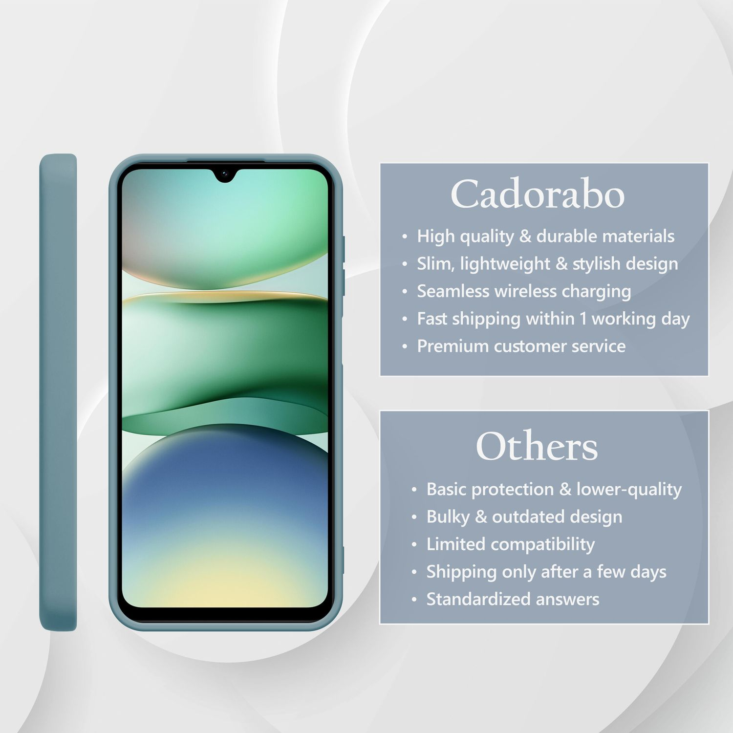 Ein blaues Handy mit Hülle und Text über Cadorabo-Produkte.