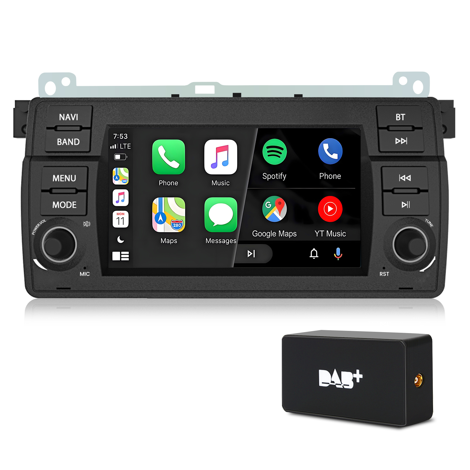 Ein Autoradio-Touchscreen mit Apps und ein schwarzes DAB+-Gerät.