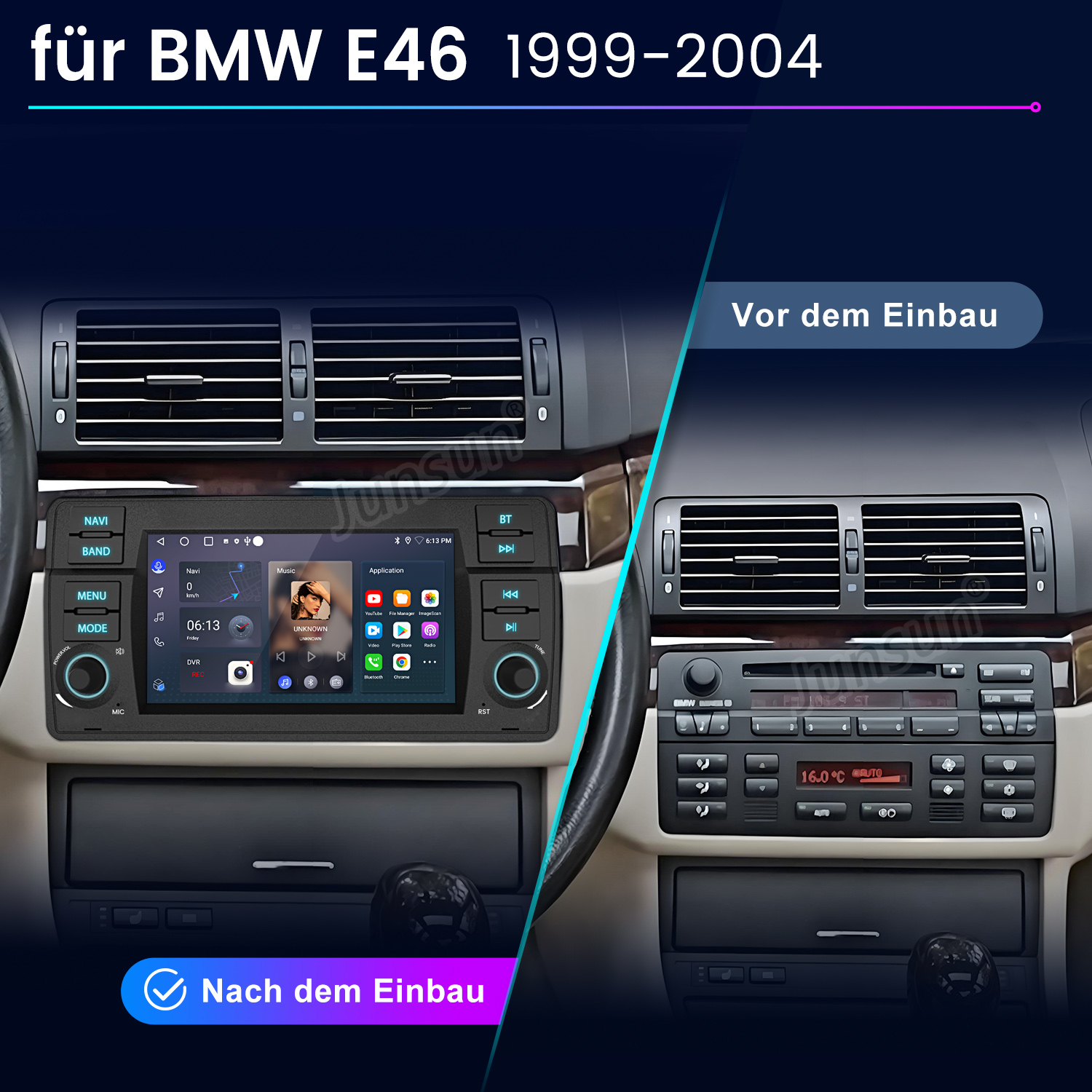 Vergleich zweier BMW E46 Autoradios: Vor und nach dem Einbau.