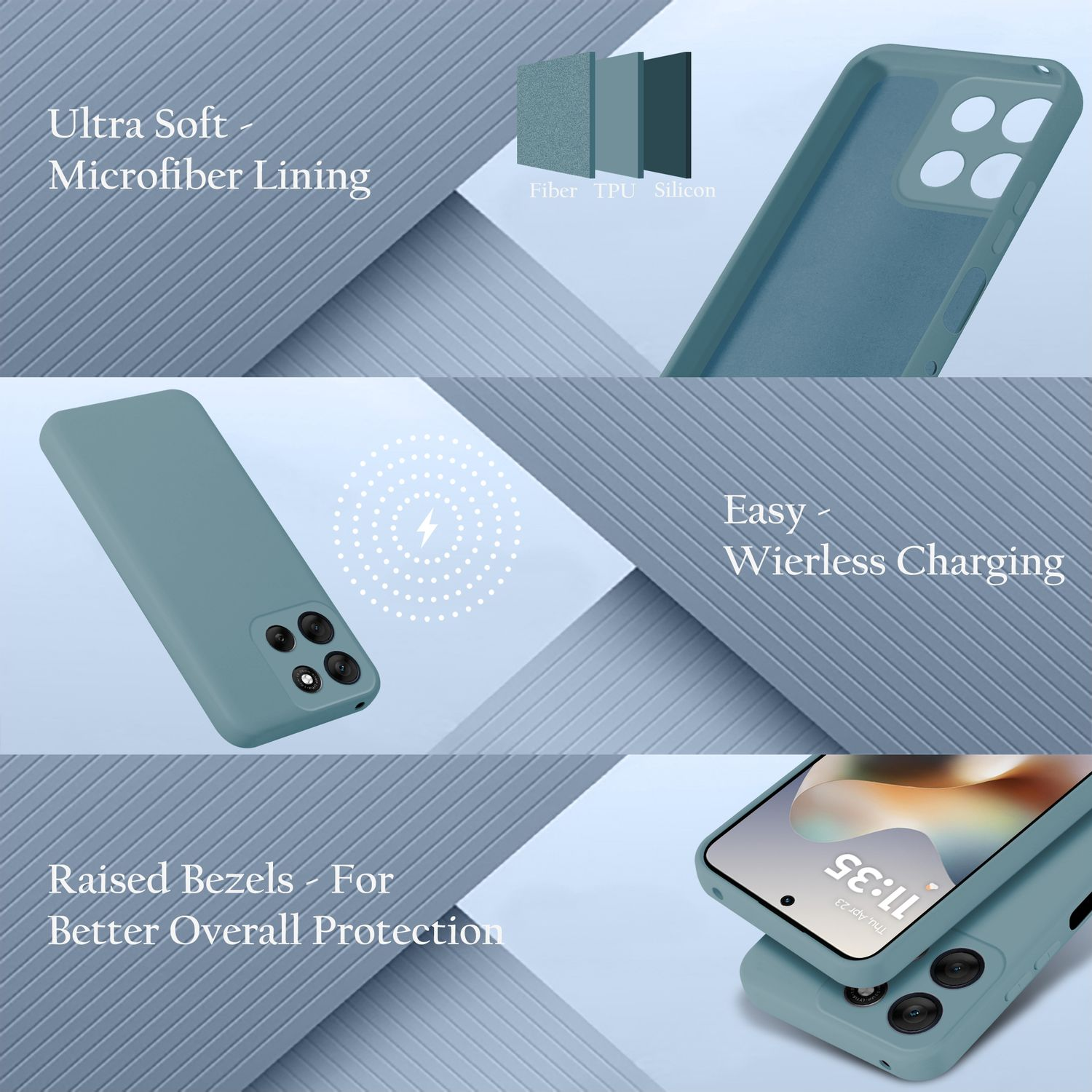 Eine teal Handyhülle mit Mikrofaserfutter, erhöhten Rändern und einfacher kabelloser Ladefunktion.