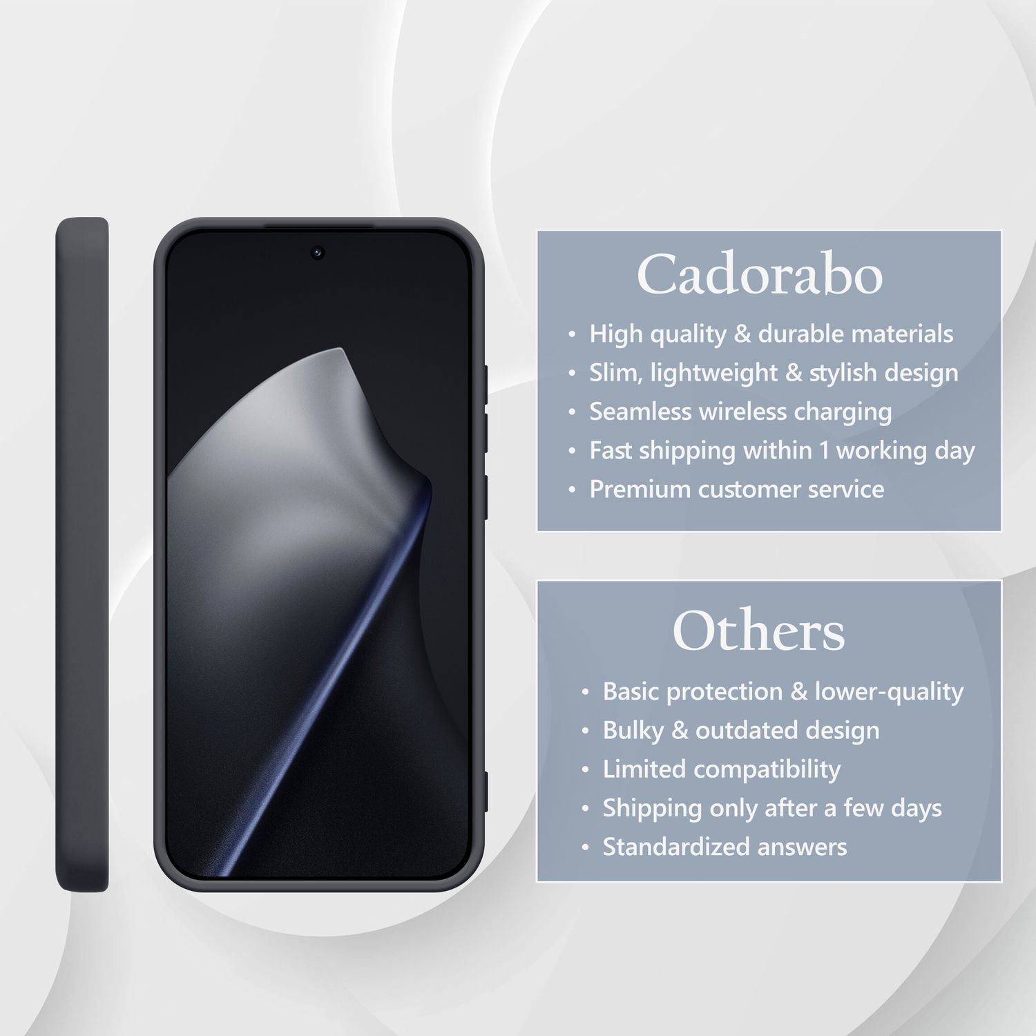 Dunkelgraues Handy mit stilvollem Design und Cadorabo-Branding.