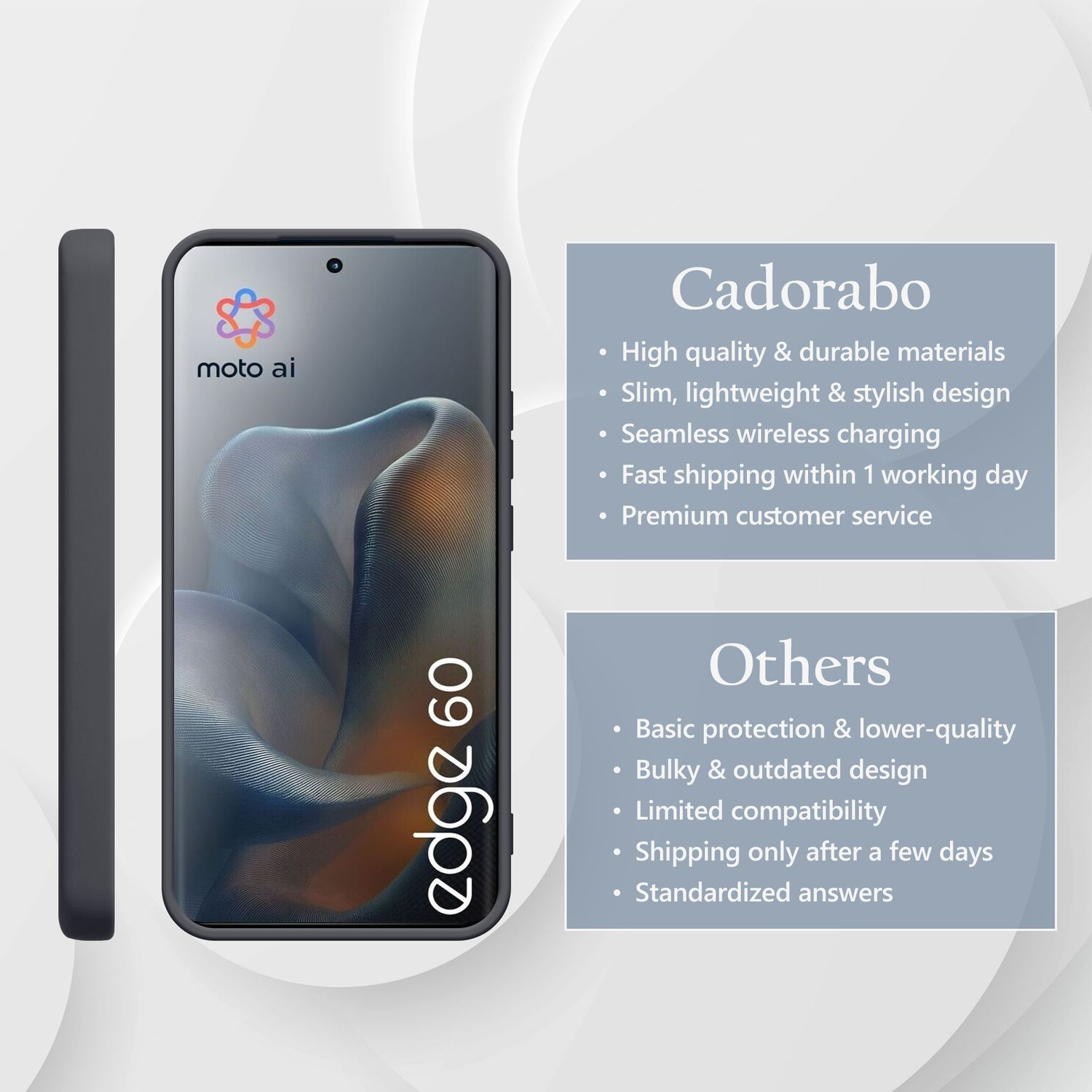 Dunkelgraues Handy mit Cadorabo-Logo und Details. Vergleich mit anderen.